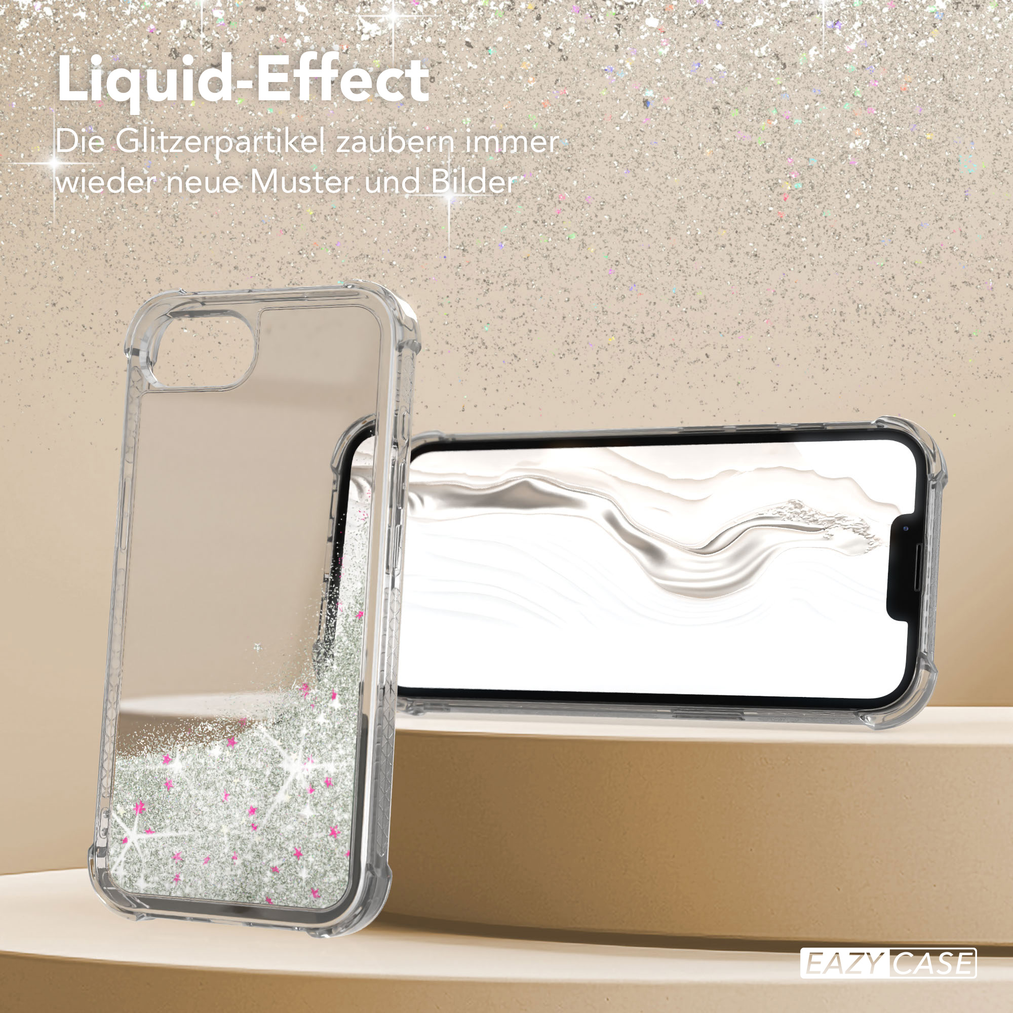 Liquid-Effekt-Handyhülle. Glitzer in klarer Flüssigkeit. Text: Liquid-Effekt. Beiger Hintergrund.