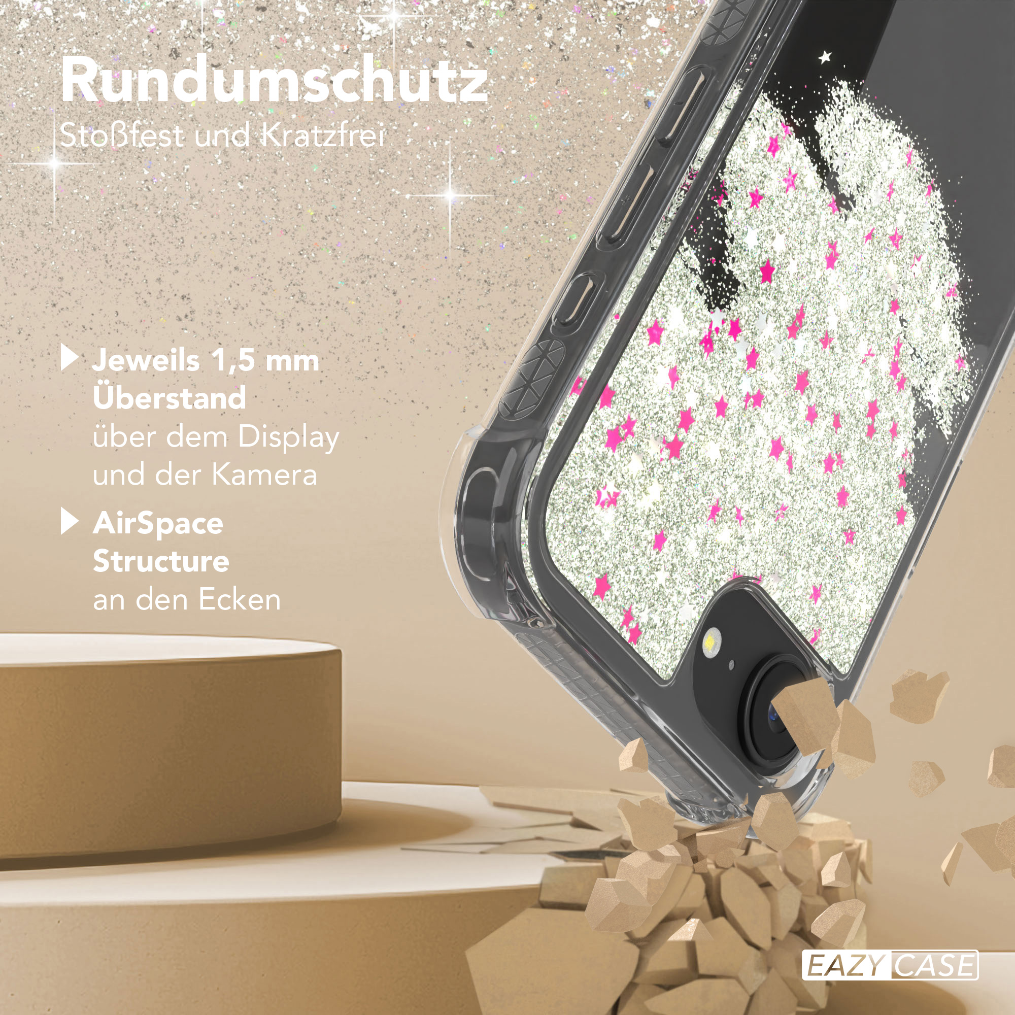 Glitzernde Handyhülle. Glitzersterne. Die Hülle ist zerbrochen. Text über Schutz. Beiger Hintergrund.