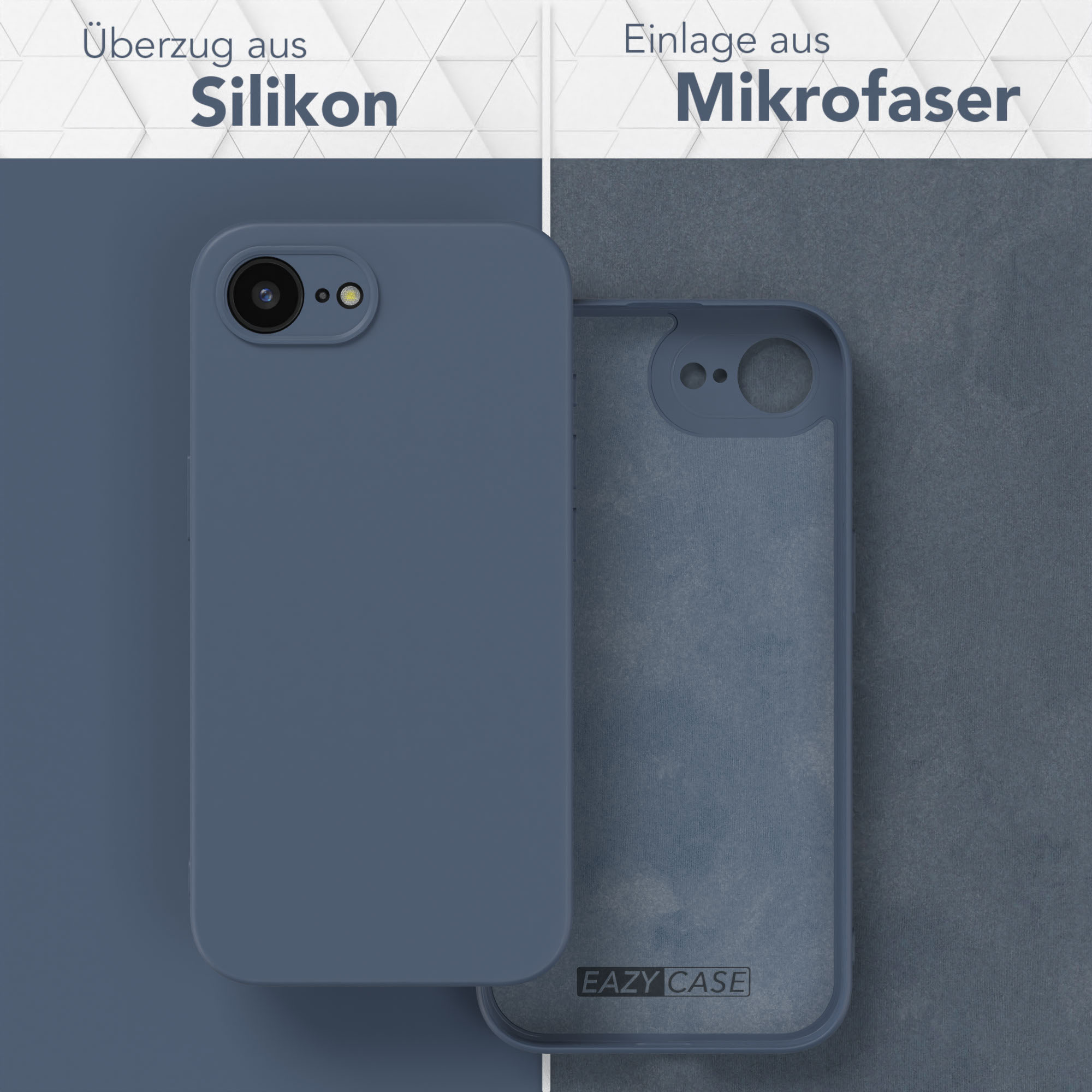 Blaue Handyhülle mit grauem Mikrofaser-Innenraum. Textbezeichnungen: Silikon und Mikrofaser.