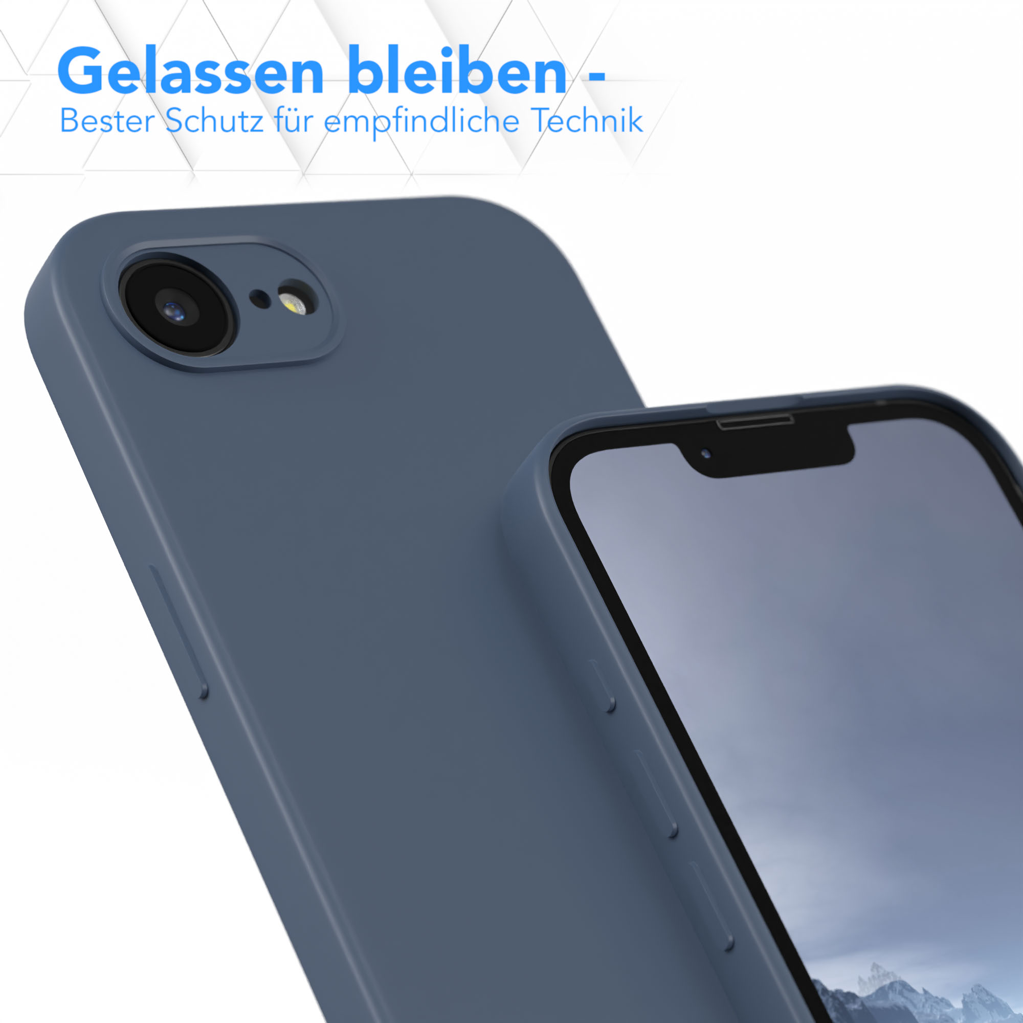 Nahaufnahme einer blauen Handyhülle mit einem Telefon darin, die Textur des Gehäuses zeigend.
