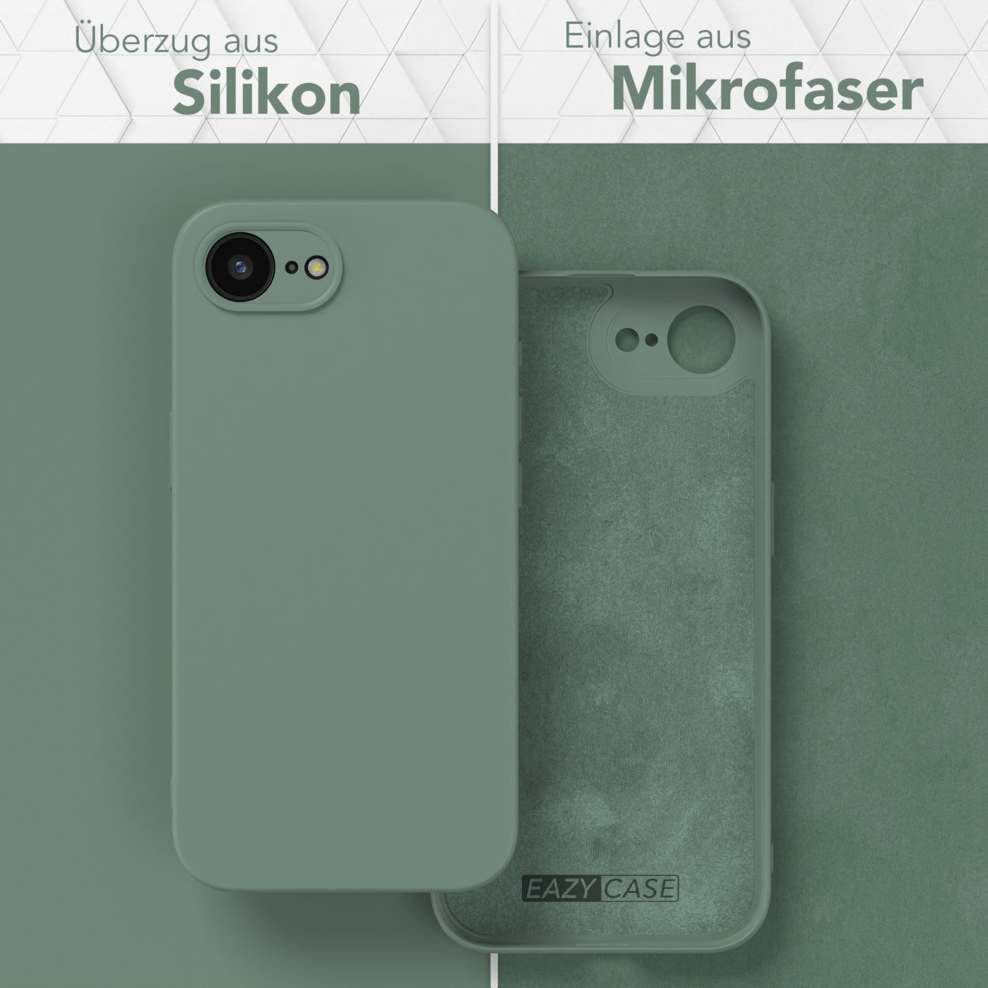 Zwei Handyhüllen. Eine ist auf dem Telefon, die andere zeigt die Innenseite. Die Handyhülle ist grün.