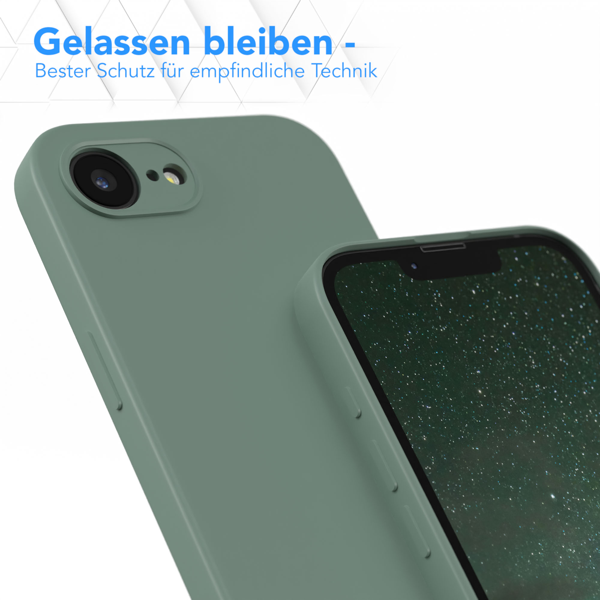 Nahaufnahme einer grünen Handyhülle und eines Telefons, die Textur der Hülle und den Telefonbildschirm zeigend.