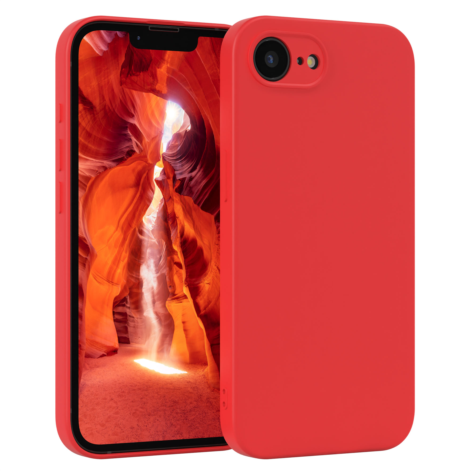 Nahaufnahme einer roten Handyhülle mit einem Telefon darin, die Textur und das Design der Hülle zeigend.