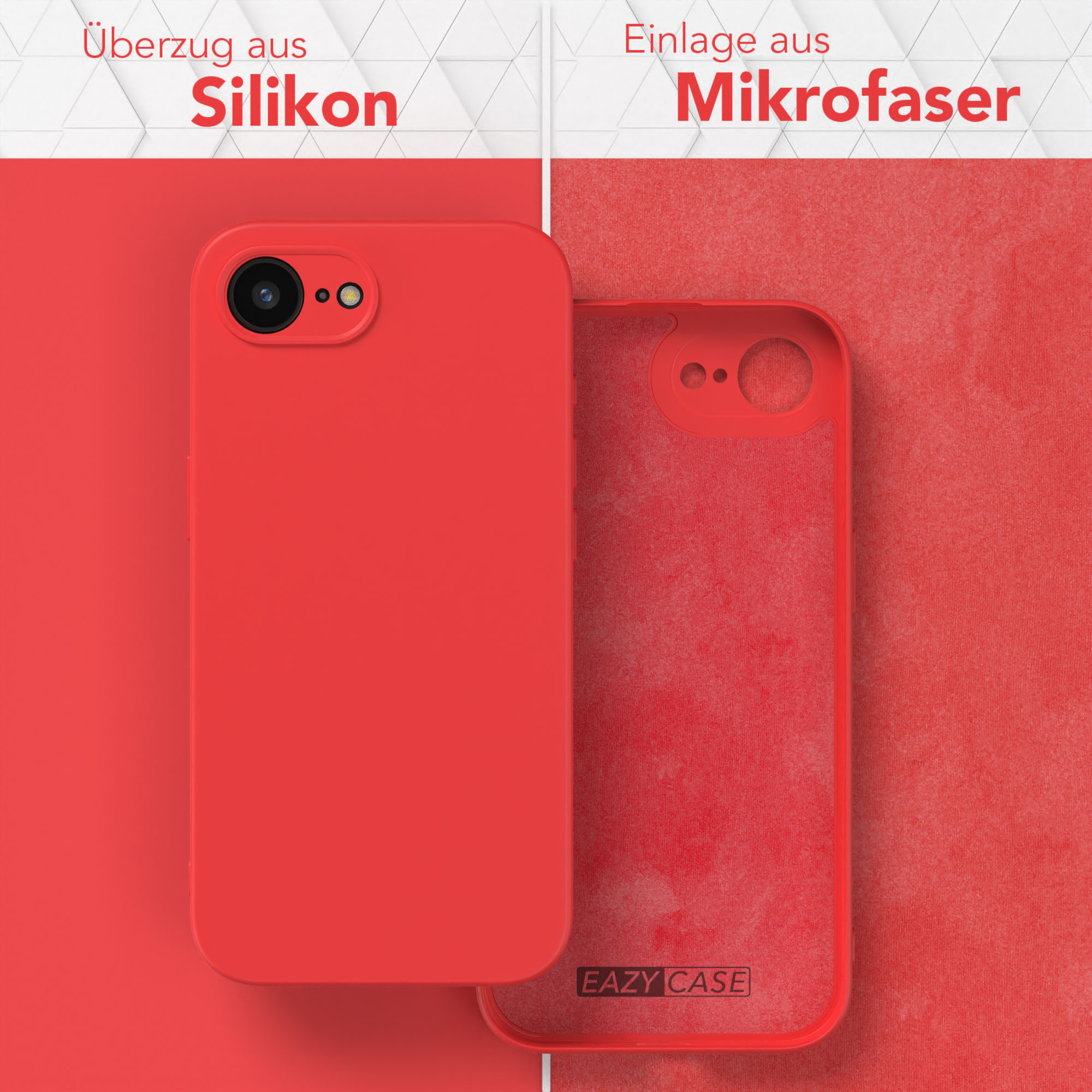 Rote Handyhülle und Mikrofaser-Einsatz. Text: Silikonhülle. Mikrofaser-Einsatz.