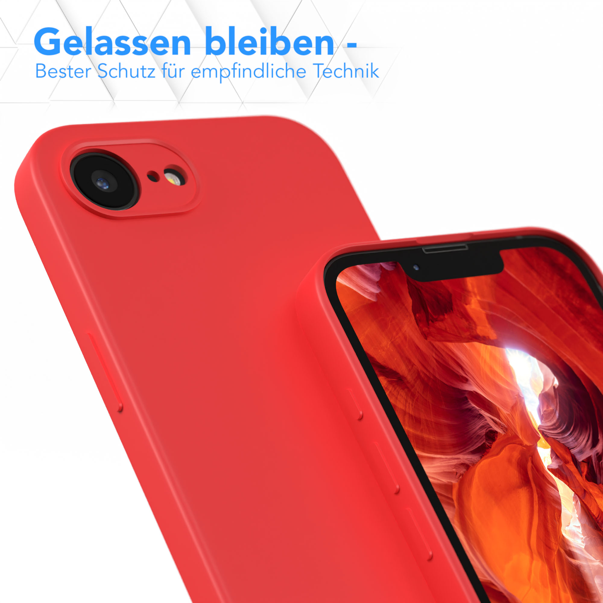 Zwei rote Handyhüllen, eine bedeckt ein Telefon. Der Text lautet: 'Entspannt bleiben - Bester Schutz für empfindliche Technik'.