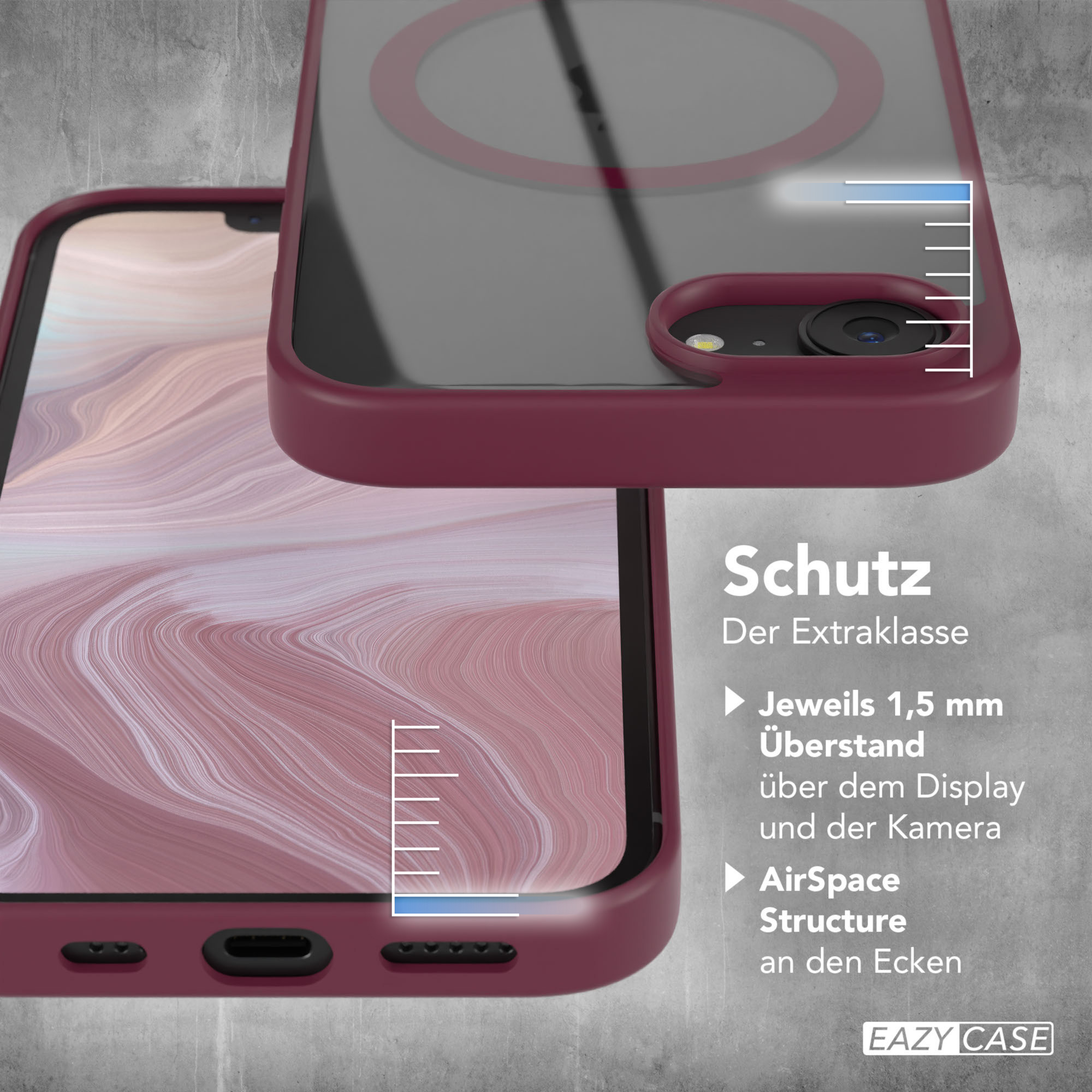 Ein Telefon in einer Hülle. Text: Schutz der Extraklasse. 1,5 mm über Display und Kamera.