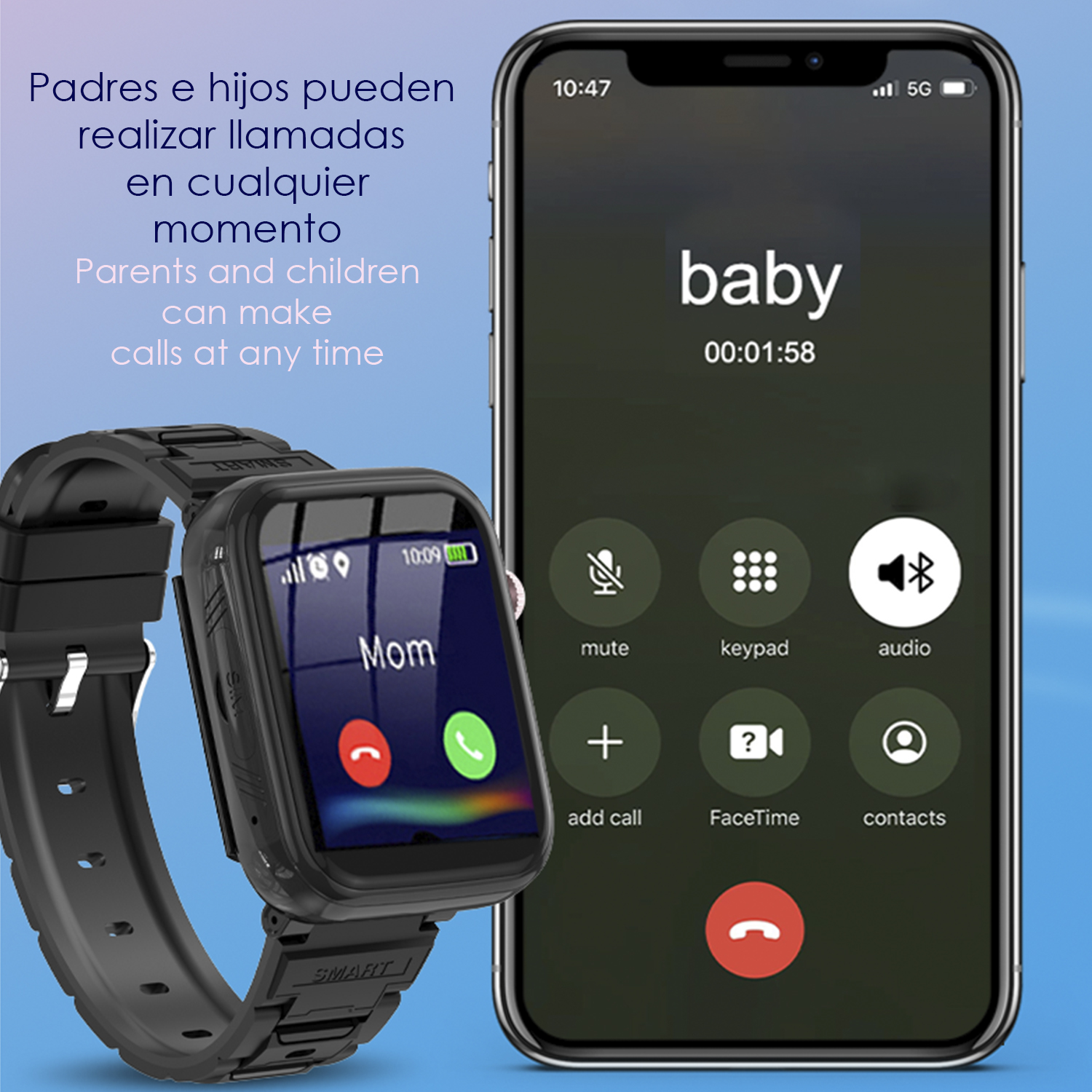 Eine Smartwatch mit einem Anruf von 'Mama' auf dem Bildschirm neben einem Smartphone.