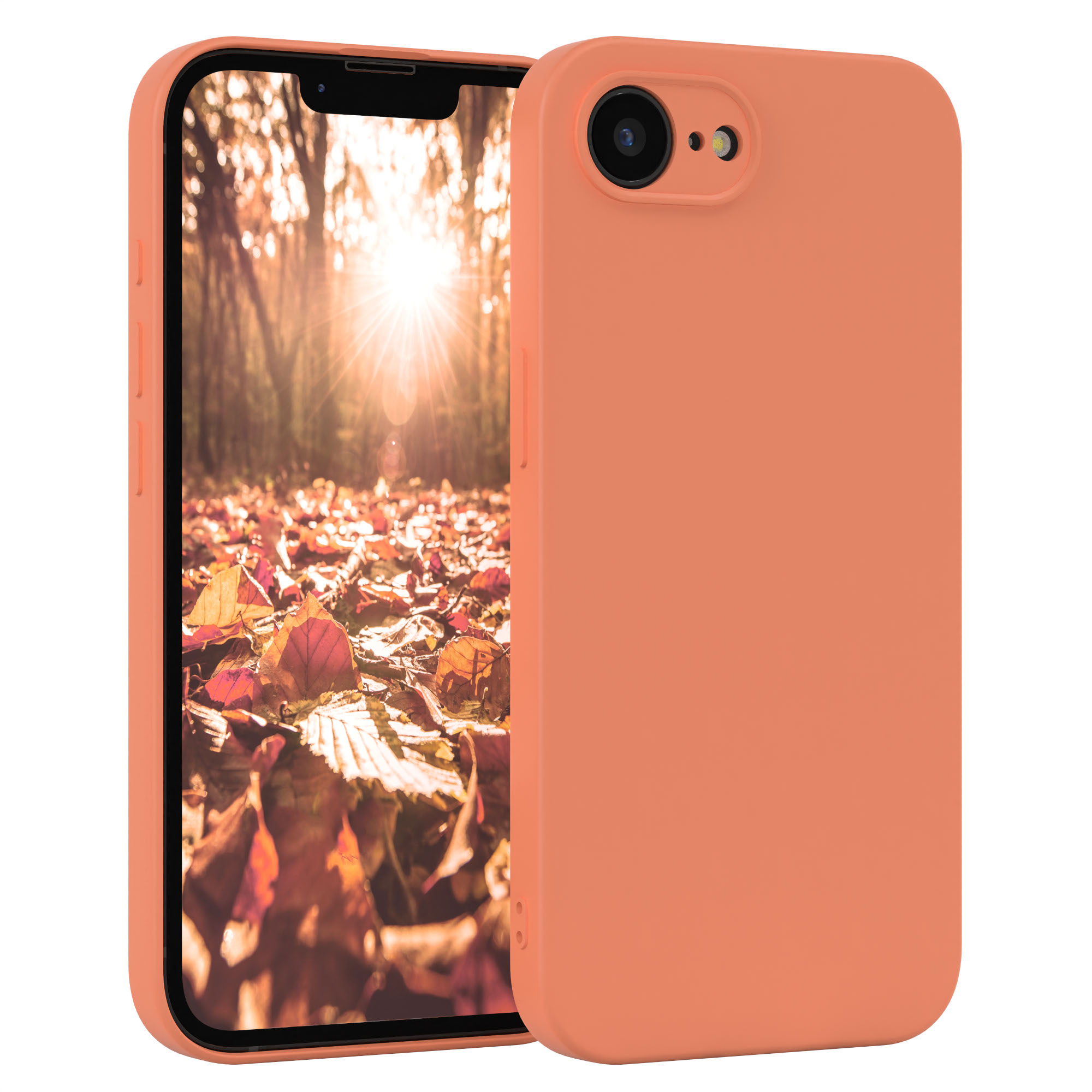 Telefon in einer orangefarbenen Hülle, mit Herbstlaub Hintergrund.