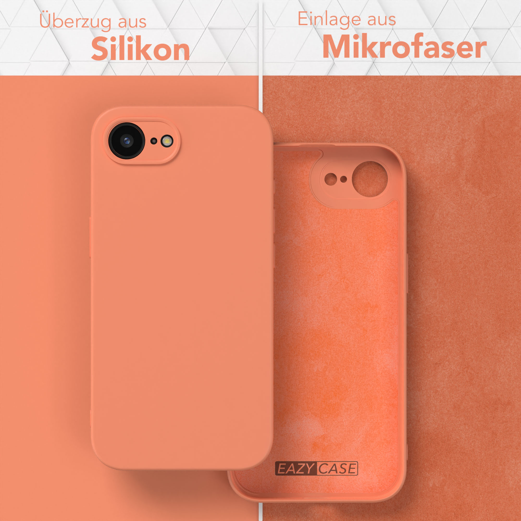 Telefon in orangefarbener Silikonhülle, mit Mikrofaserfutter, Hülle geöffnet.