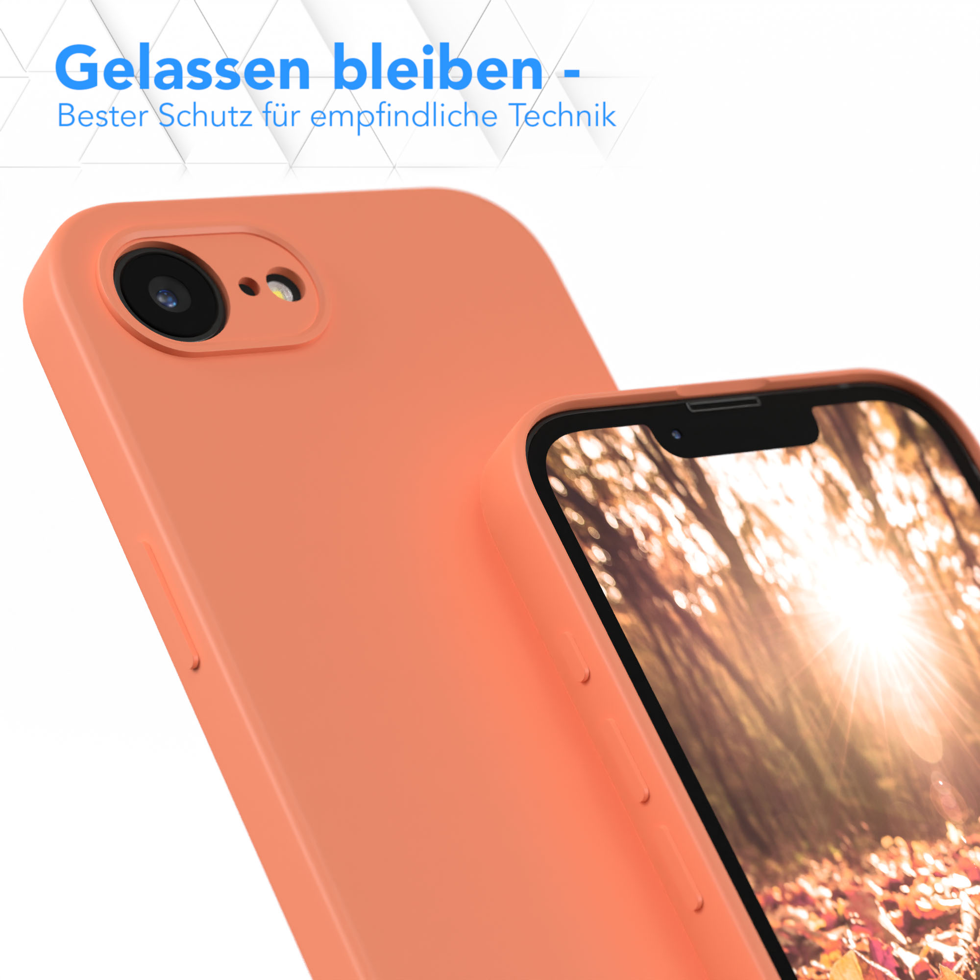 Pfirsichfarbene Handyhülle neben einem Telefon. Text: Cool bleiben - Bester Schutz für empfindliche Technik.