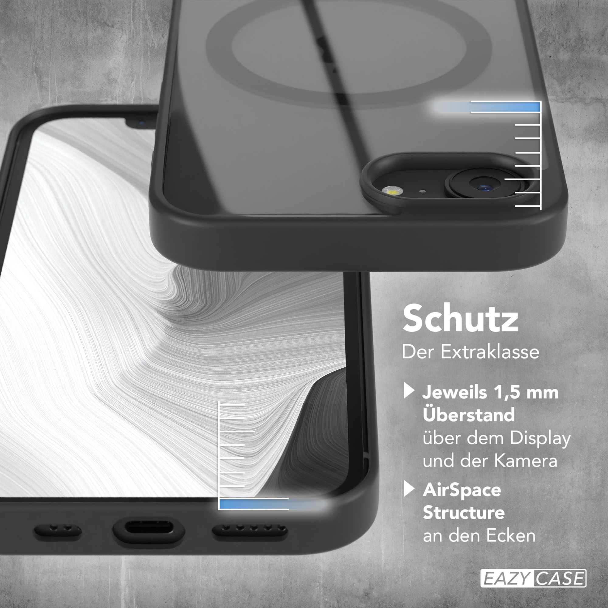 Schwarzes Telefon in klarer Hülle, mit Schutzmerkmalen: 1,5 mm über Display, AirSpace-Struktur.