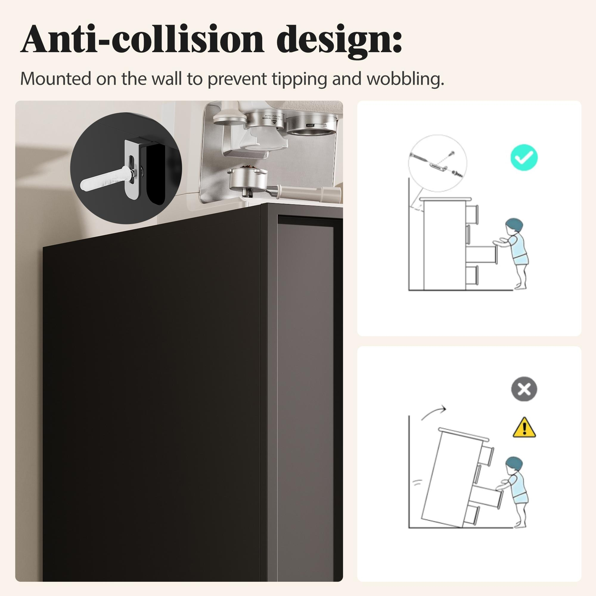 Schwarzer Schrank, Diagramm zeigt, wie man Kippen und Wackeln verhindert.