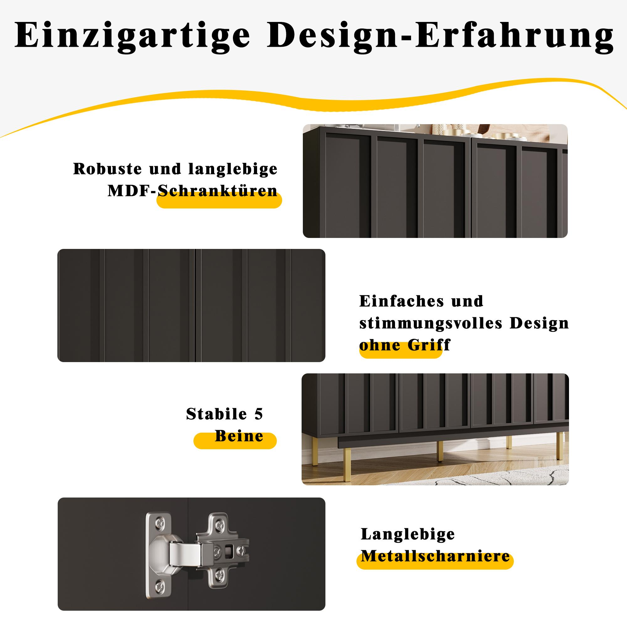 Nahaufnahme mit Schrankmerkmalen: MDF-Türen, grifflose Gestaltung, stabile Beine, Scharniere.