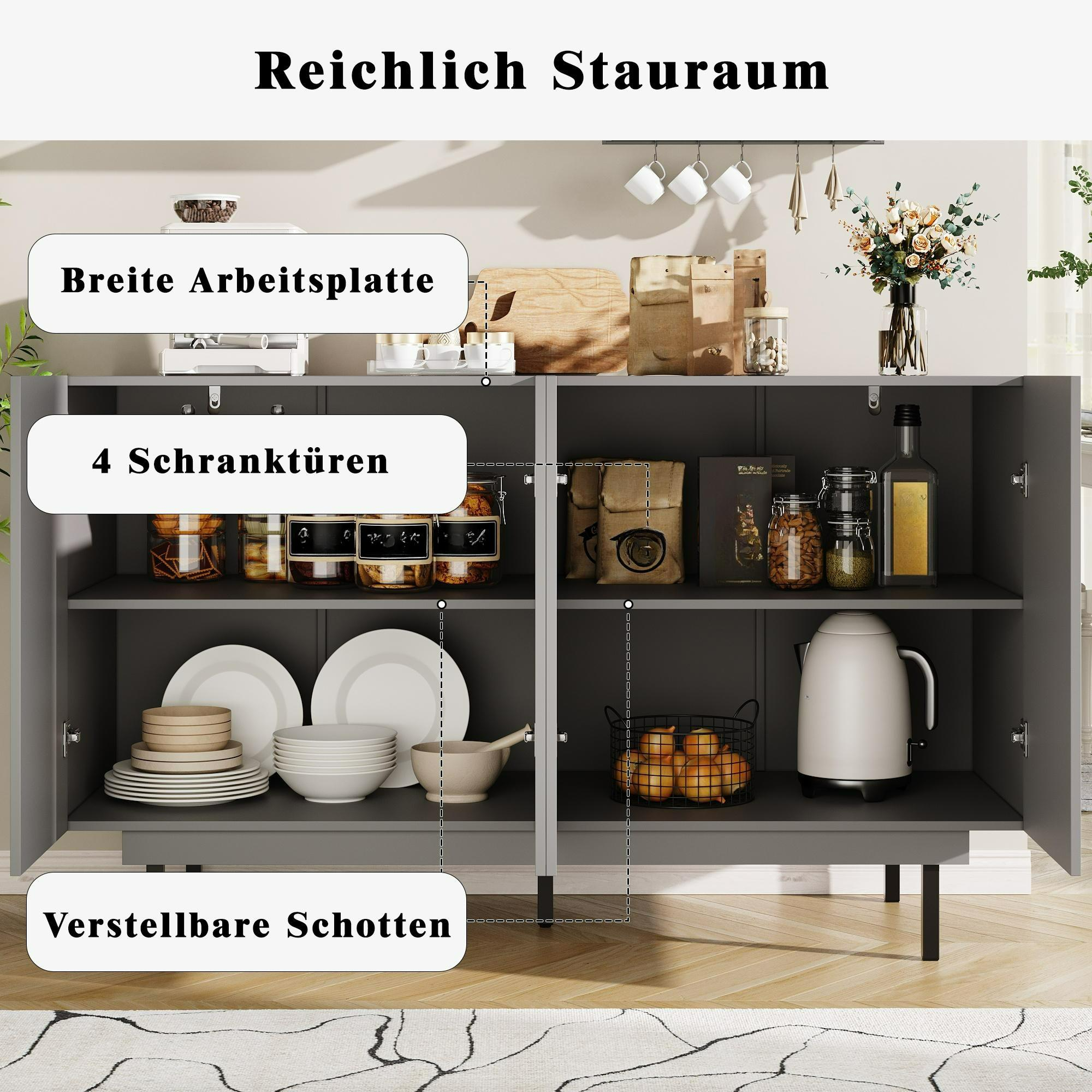 Grauer Schrank mit offenen Türen. Zeigt Küchenartikel und verstellbare Regale.
