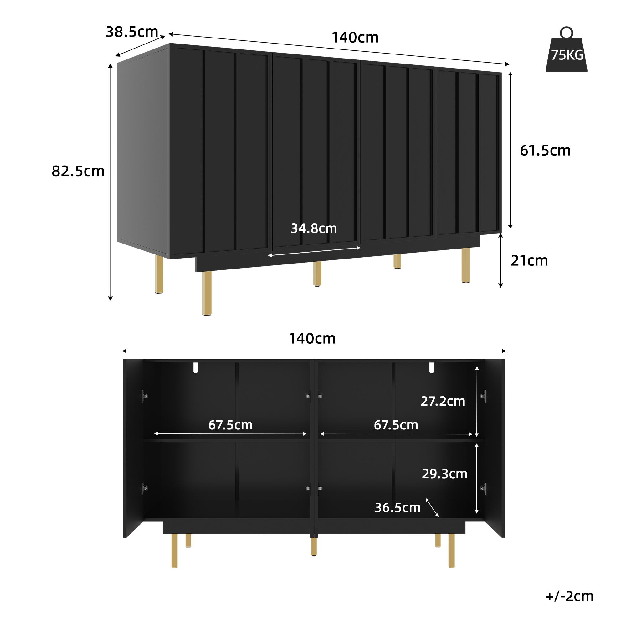 Schwarzer Schrank mit goldenen Beinen. Abmessungen sind angegeben. Der Schrank ist geschlossen.