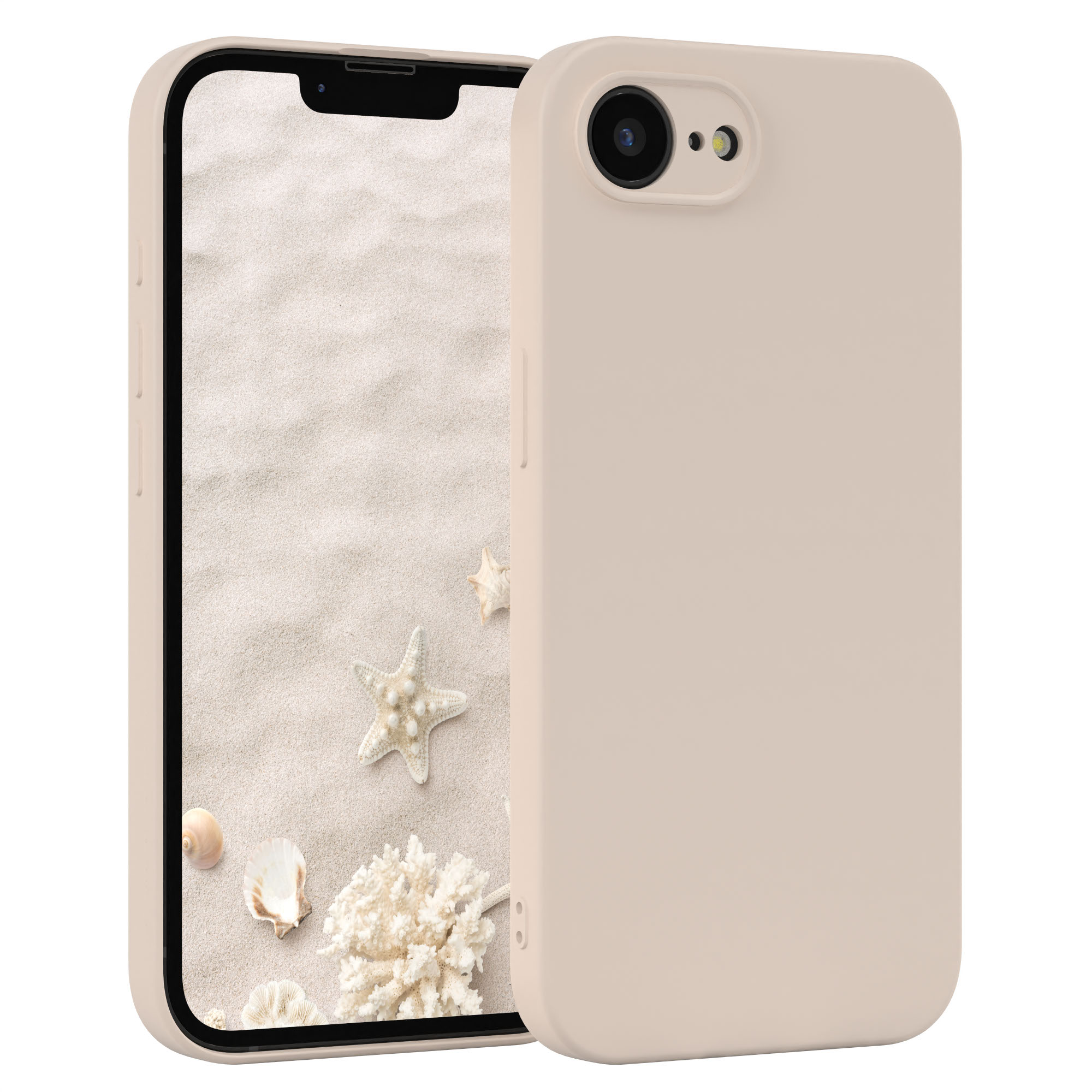 Telefon mit hellrosa Hülle. Sandhintergrund mit Muscheln und einem Seestern.