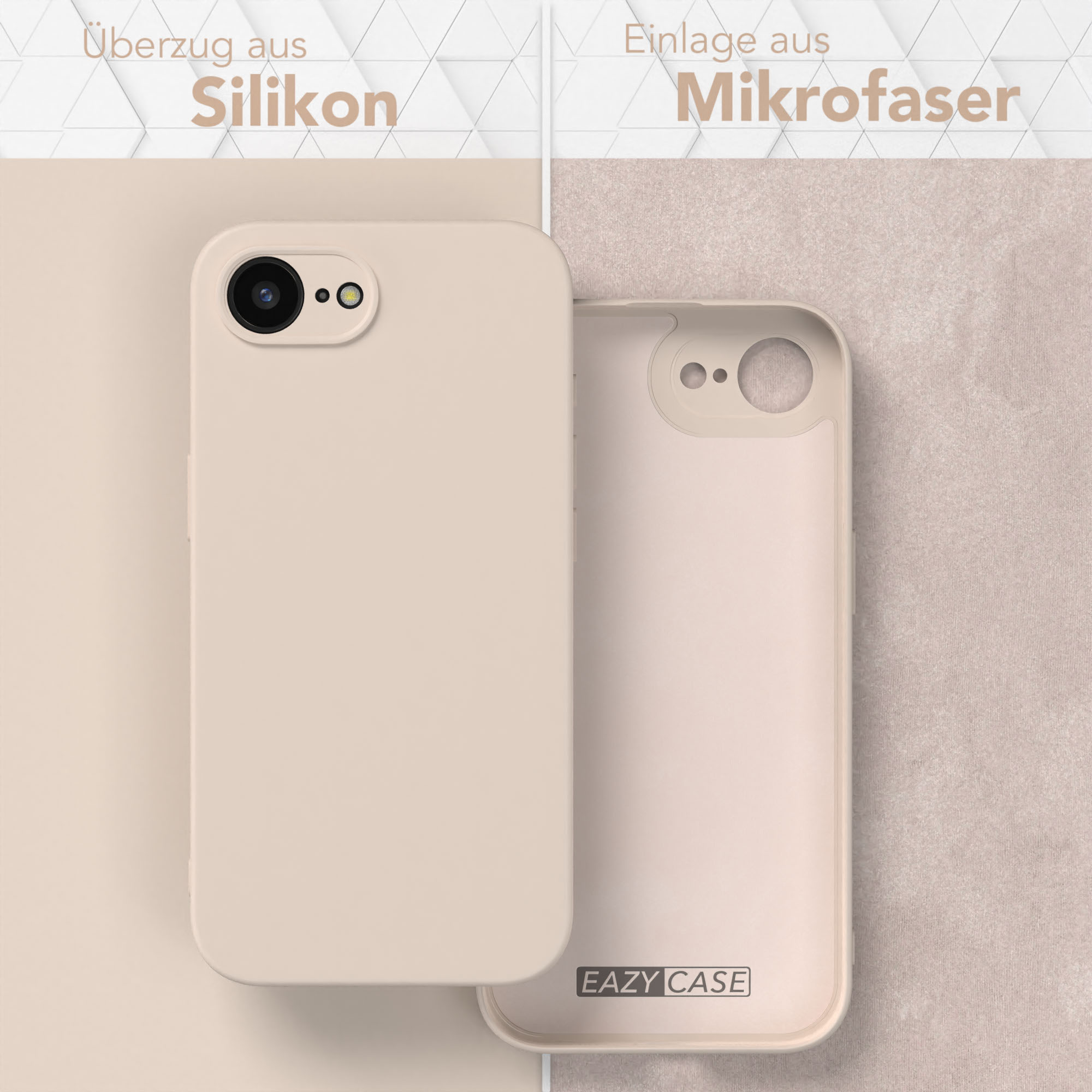 Handyhülle, Silikonhülle links, Mikrofaser-Einlage rechts.