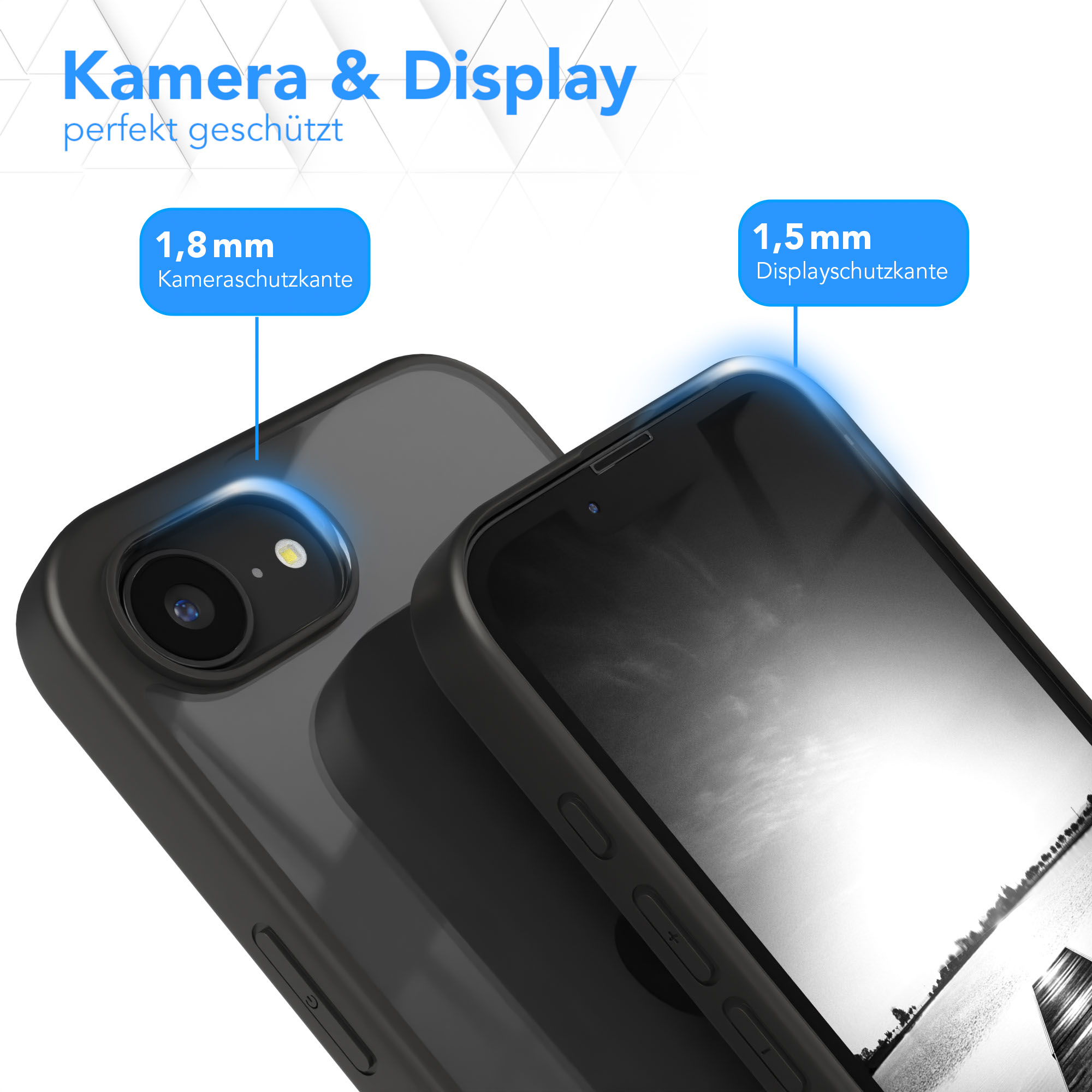 Nahaufnahme der Handyhülle mit Telefon. Text sagt: „Kamera & Display perfekt geschützt.“