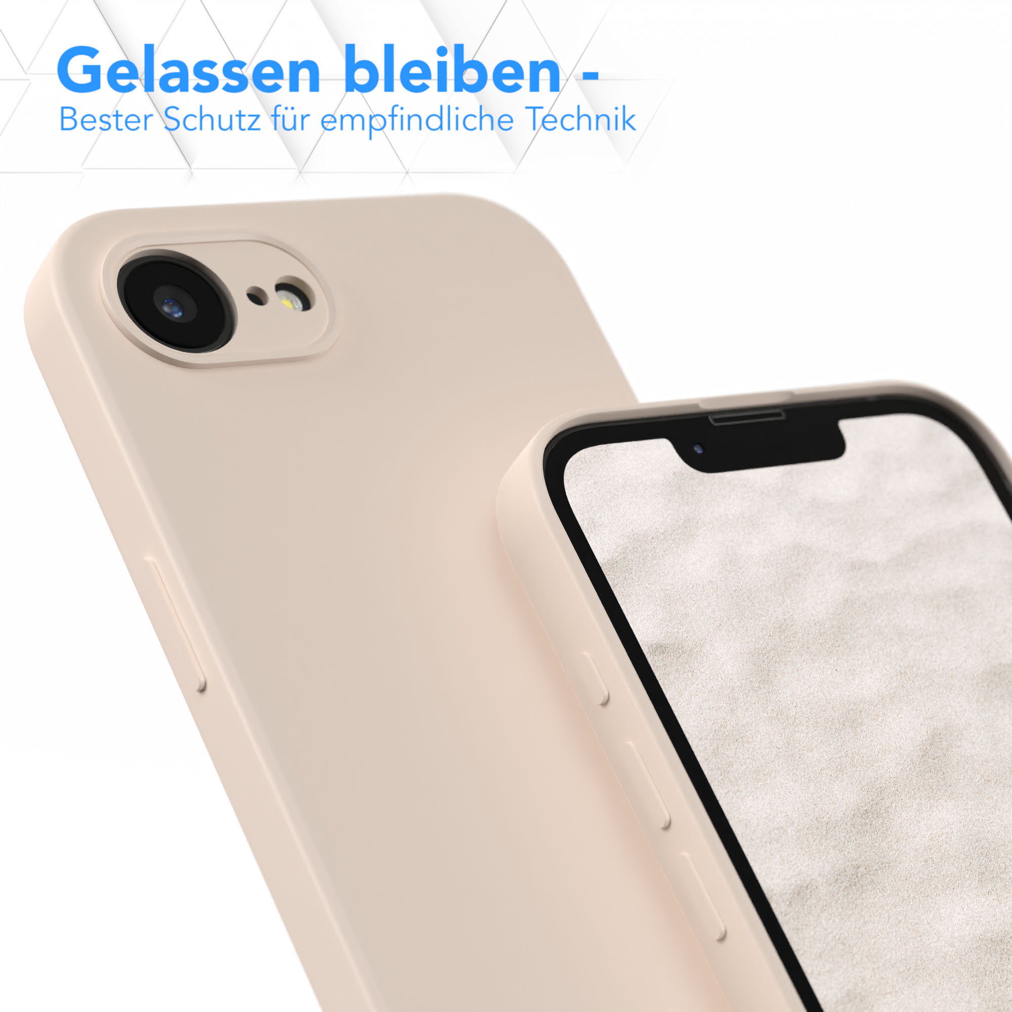 Handyhülle und Telefon. Text sagt: „Entspannt bleiben – bester Schutz für empfindliche Technik“