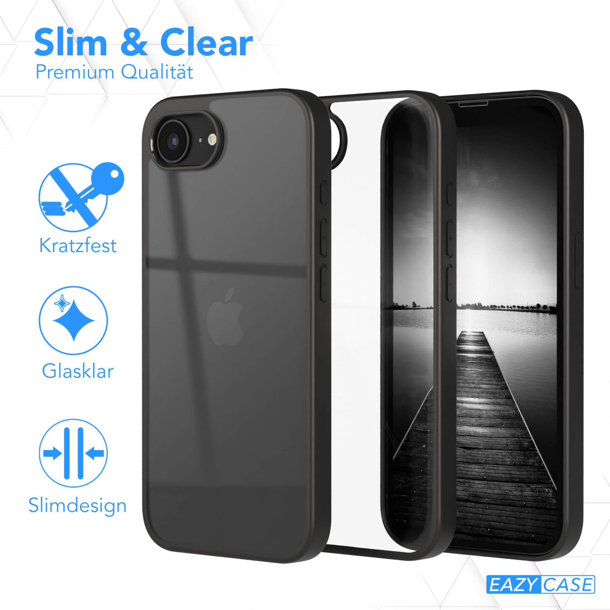 Handyhülle mit Telefon. Text sagt: „Schlank & Klar Premium Qualität.“ Icons für kratzfest, klar, schlankes Design.