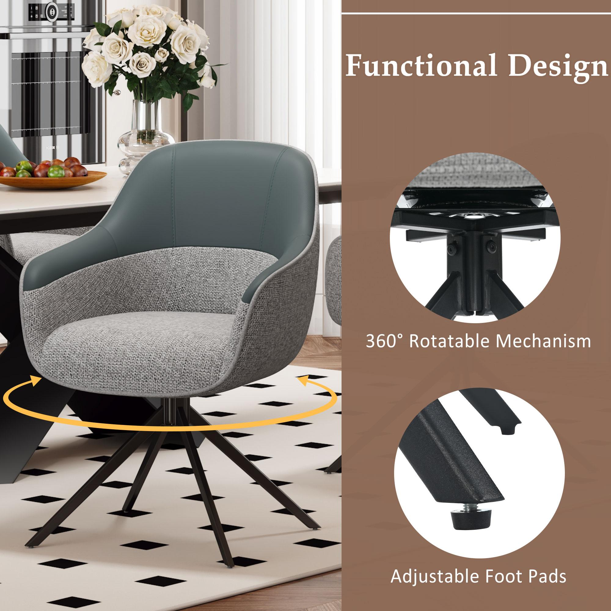 Grauer Stuhl. Text sagt: „Funktionales Design  “ und hebt 360° Drehung und verstellbare Fußpads hervor.