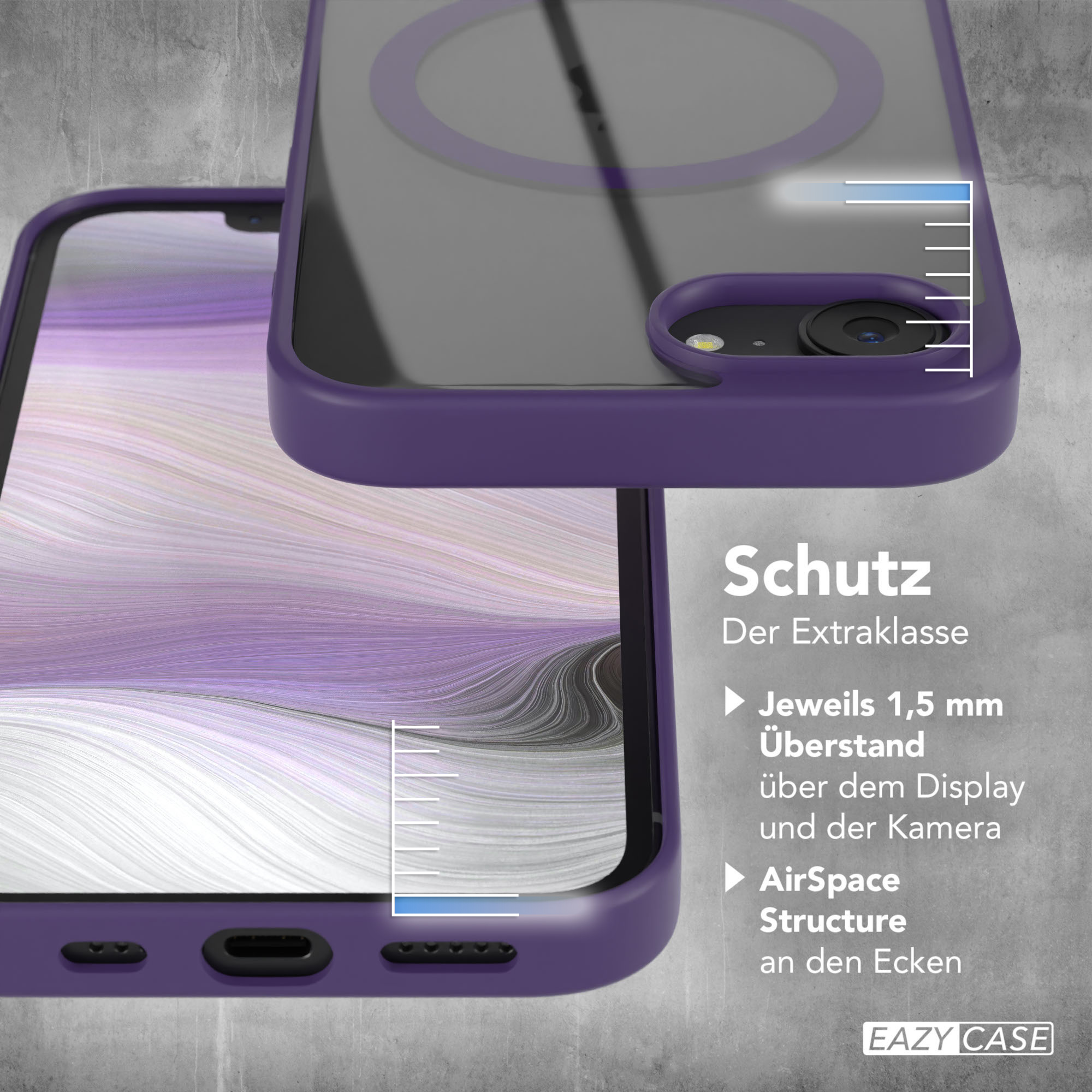 Eine lila Handyhülle neben einem Telefon, Schutzdetails zeigend.