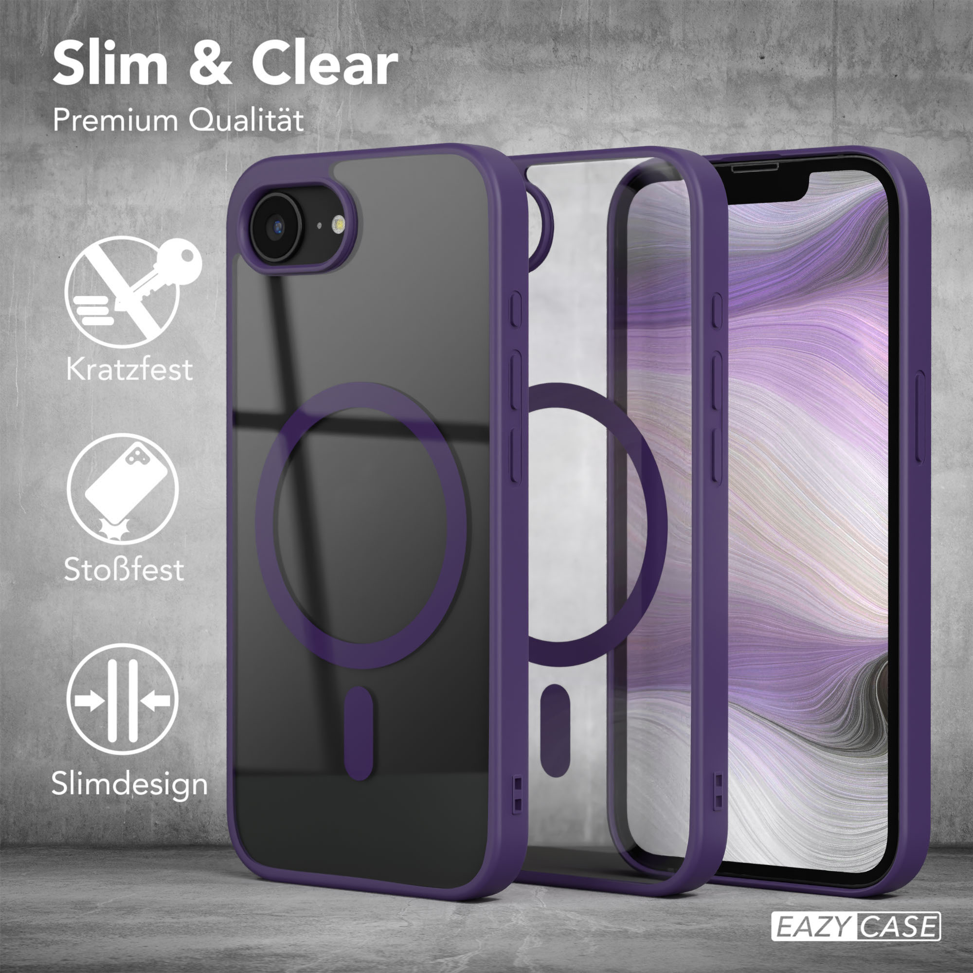 Lila Handyhülle mit Telefon. Text sagt: „Schlank & Klar Premium Qualität“ und zeigt Icons.