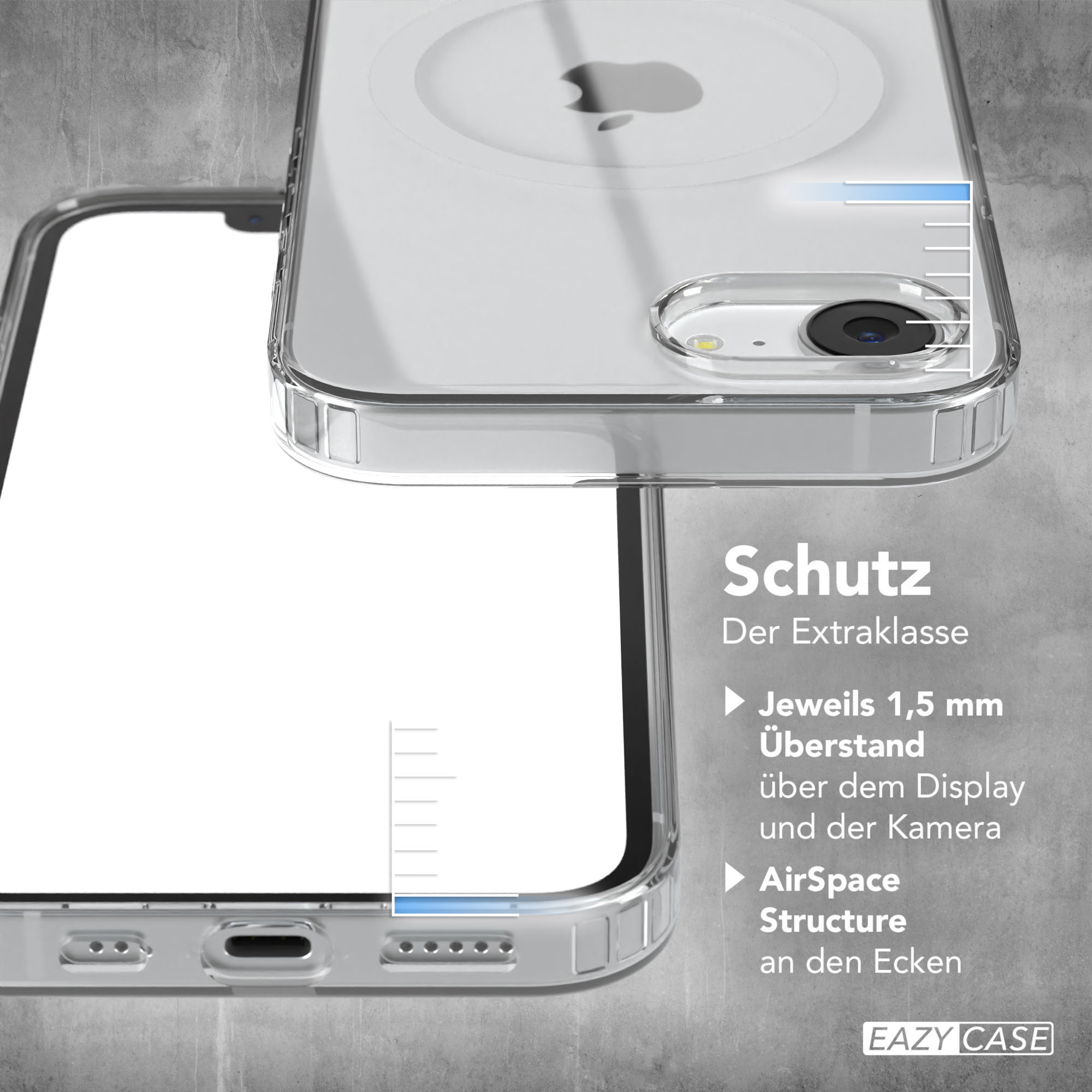 Eine transparente Handyhülle auf einem Telefon. Es zeigt, wie es Bildschirm und Kamera schützt.