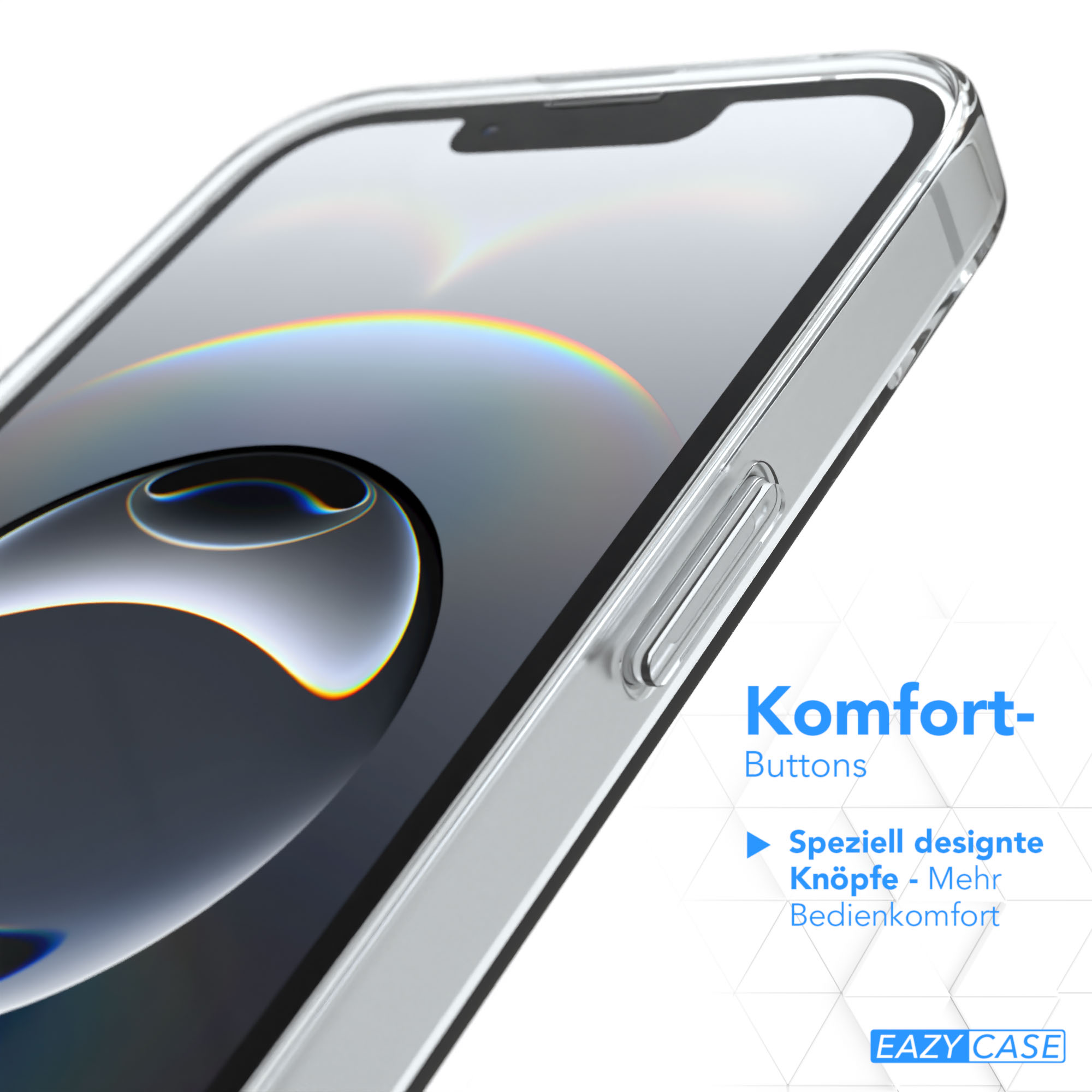 Transparente Handyhülle mit Knöpfen. Text: Komfort-Tasten. Speziell entwickelte Tasten für mehr Bedienkomfort.