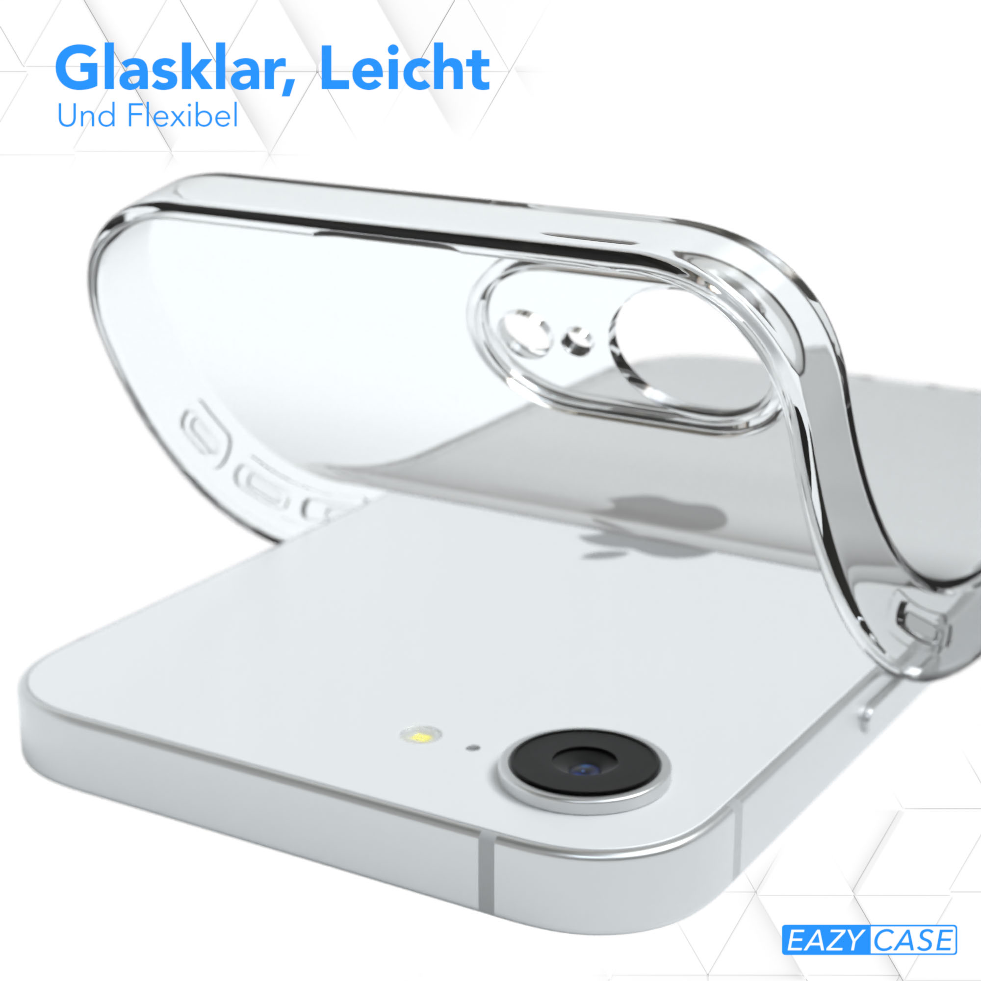 Eine transparente Handyhülle auf einem Handy. Das Telefon ist weiß und hell. Eazy Case ist sichtbar.