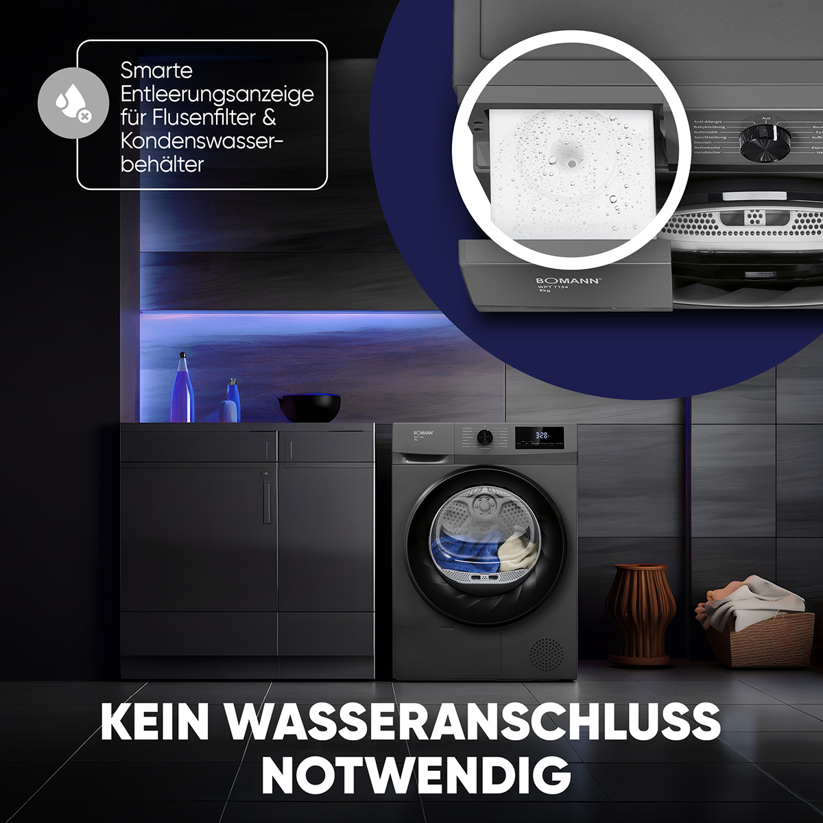 Eine Waschmaschine mit Display. Ein Trockner befindet sich rechts. Ein Behälter für den Filter wird gezeigt.