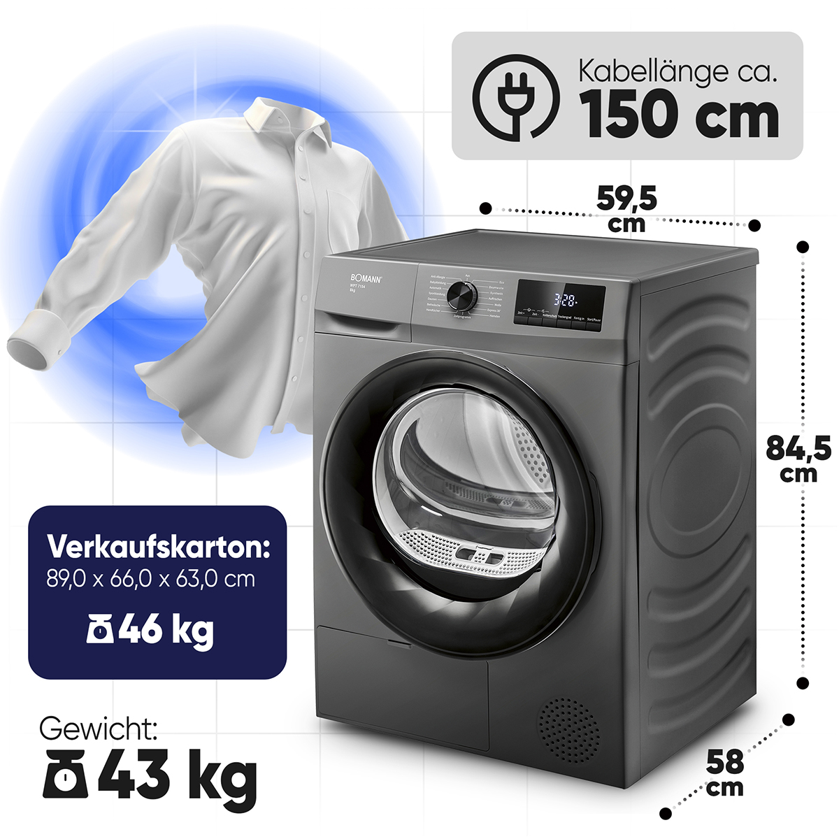 Ein Trockner mit Maßen und einer Hemd-Grafik. Es gibt Etiketten für Gewicht und Abmessungen.