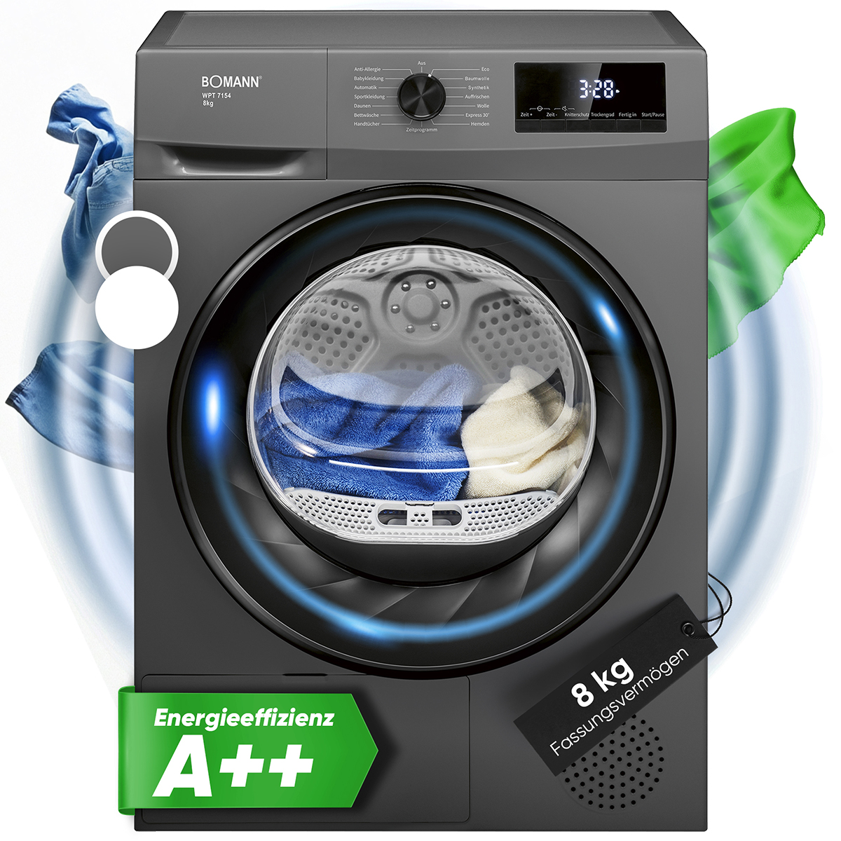 Eine dunkle Waschmaschine mit Display. Es gibt ein grünes Energieeffizienz-Label.