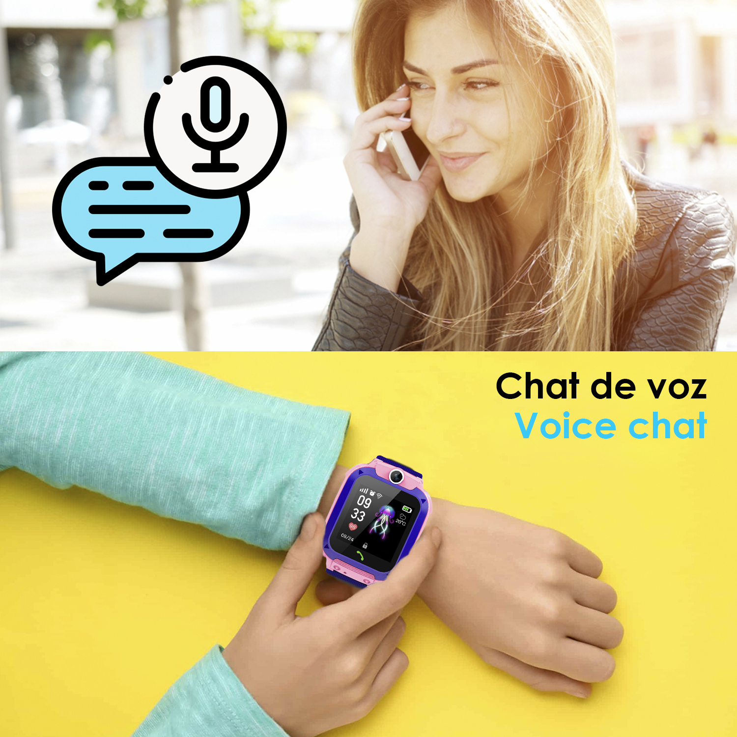 Una mujer hablando por teléfono con un smartwatch en la muñeca con un icono de chat de voz.