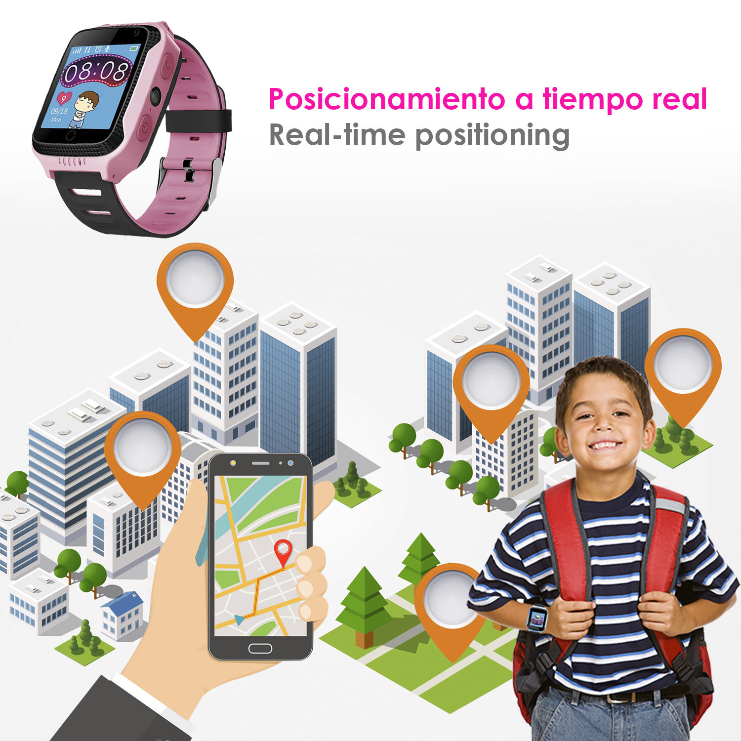 Niño con smartwatch, mapa de la ciudad y edificios con pines de ubicación. Teléfono muestra mapa y ubicación.