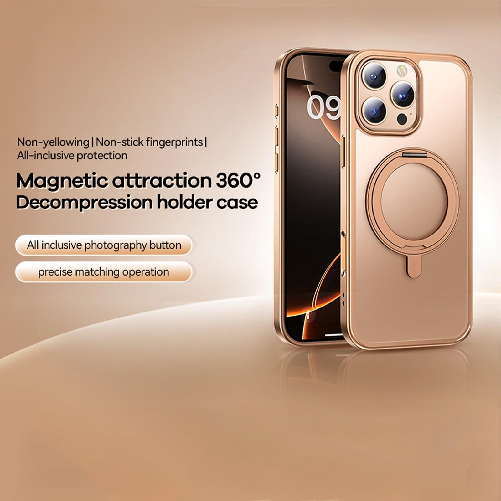 Eine goldene Handyhülle mit Ringhalter und sichtbarem Telefon.
