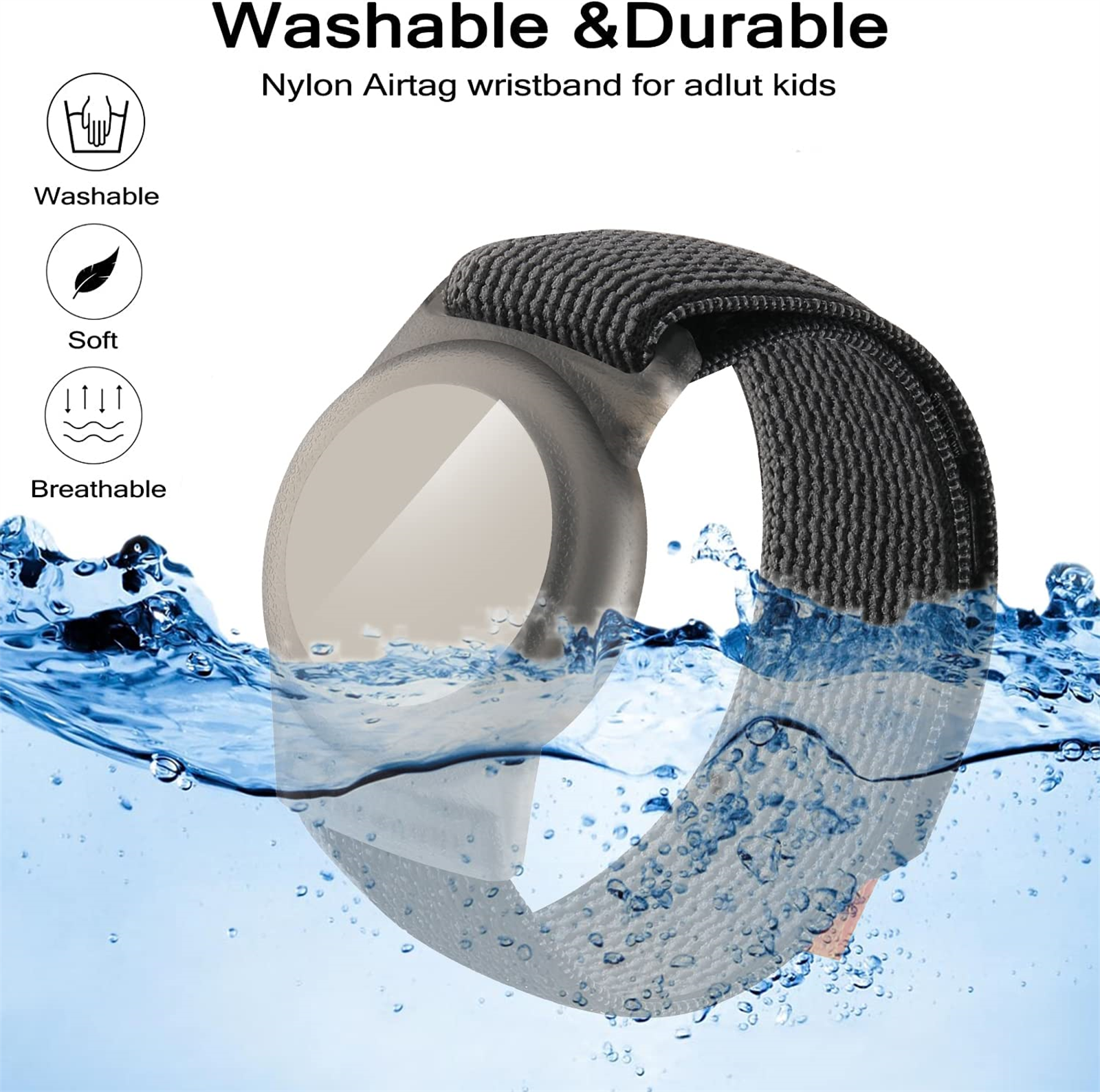 Ein schwarzes und graues Armband unter Wasser, mit Symbolen und Text zur Beschreibung.