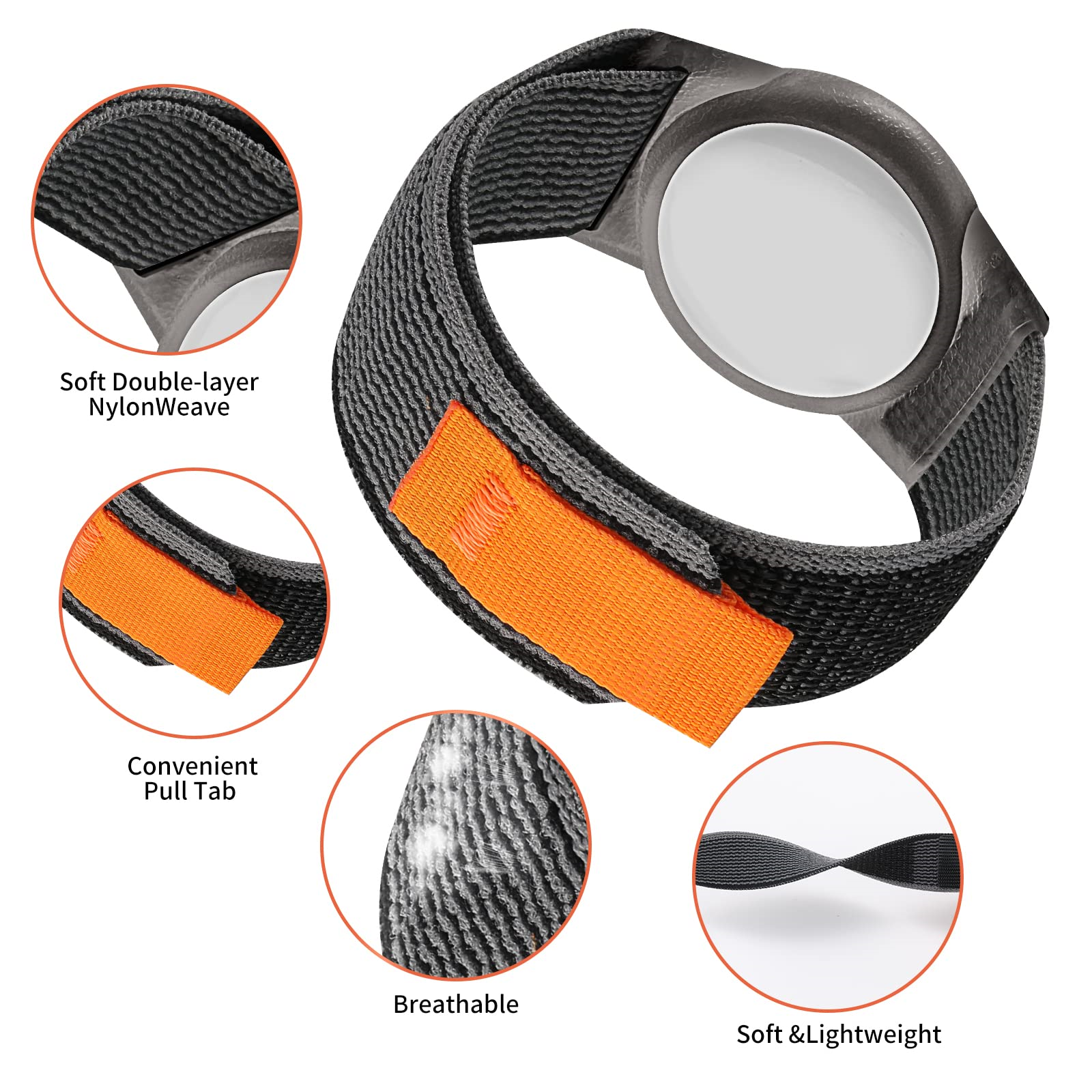 Ein graues Uhrenarmband mit orangefarbenen Akzenten. Das Band hat ein weiches, leichtes Design.