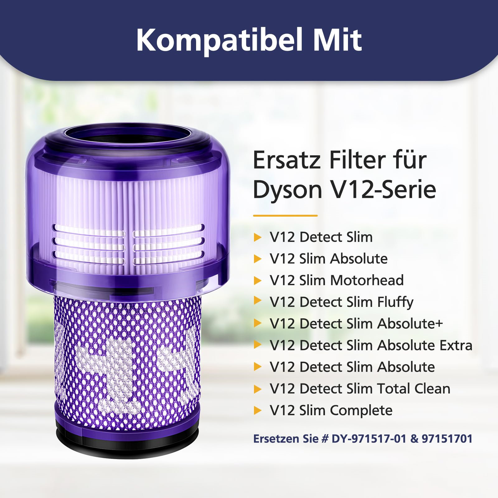 Lila Staubsaugerfilter mit weißem Etikett, Text auf Deutsch zur Dyson V12 Serie.
