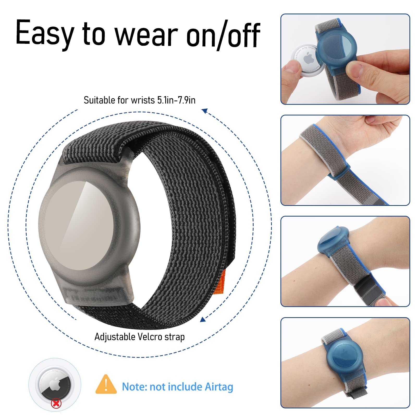 Schwarzes Uhrenarmband mit Klettverschluss und blauem AirTag-Halter, geeignet für 5,1-7,9 Zoll Handgelenke, einfach zu tragen.