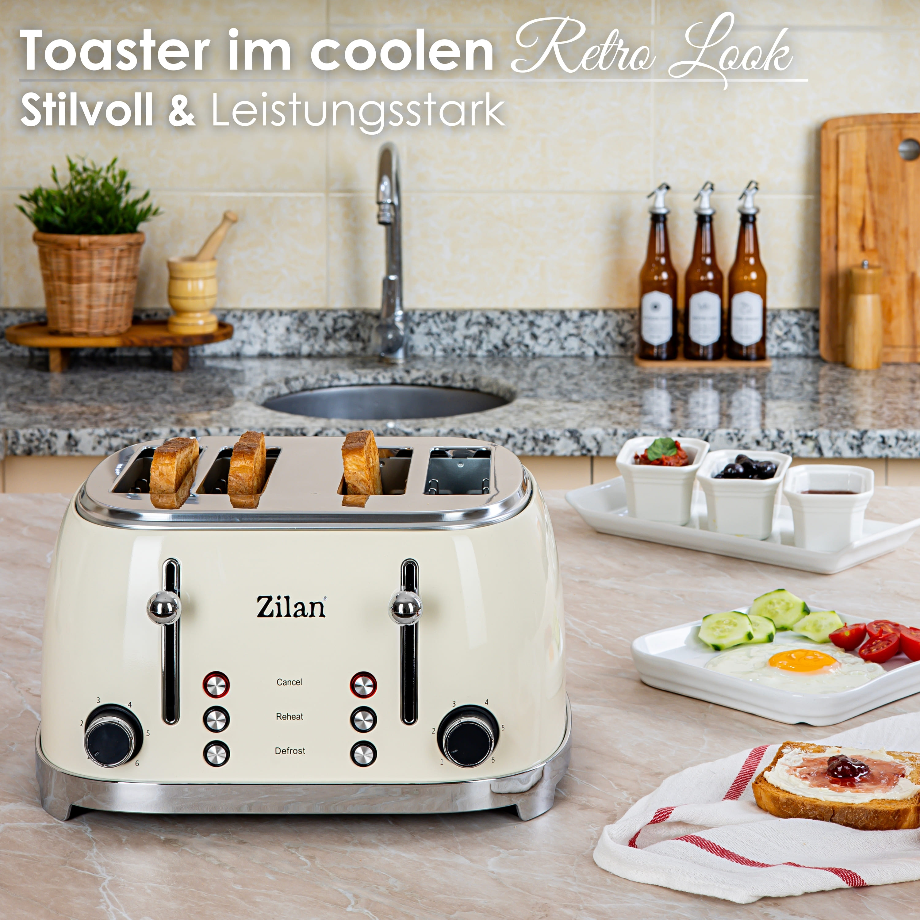 Cremefarbener Toaster im Retro-Stil mit Toast. Essen und andere Artikel liegen auf der Theke.