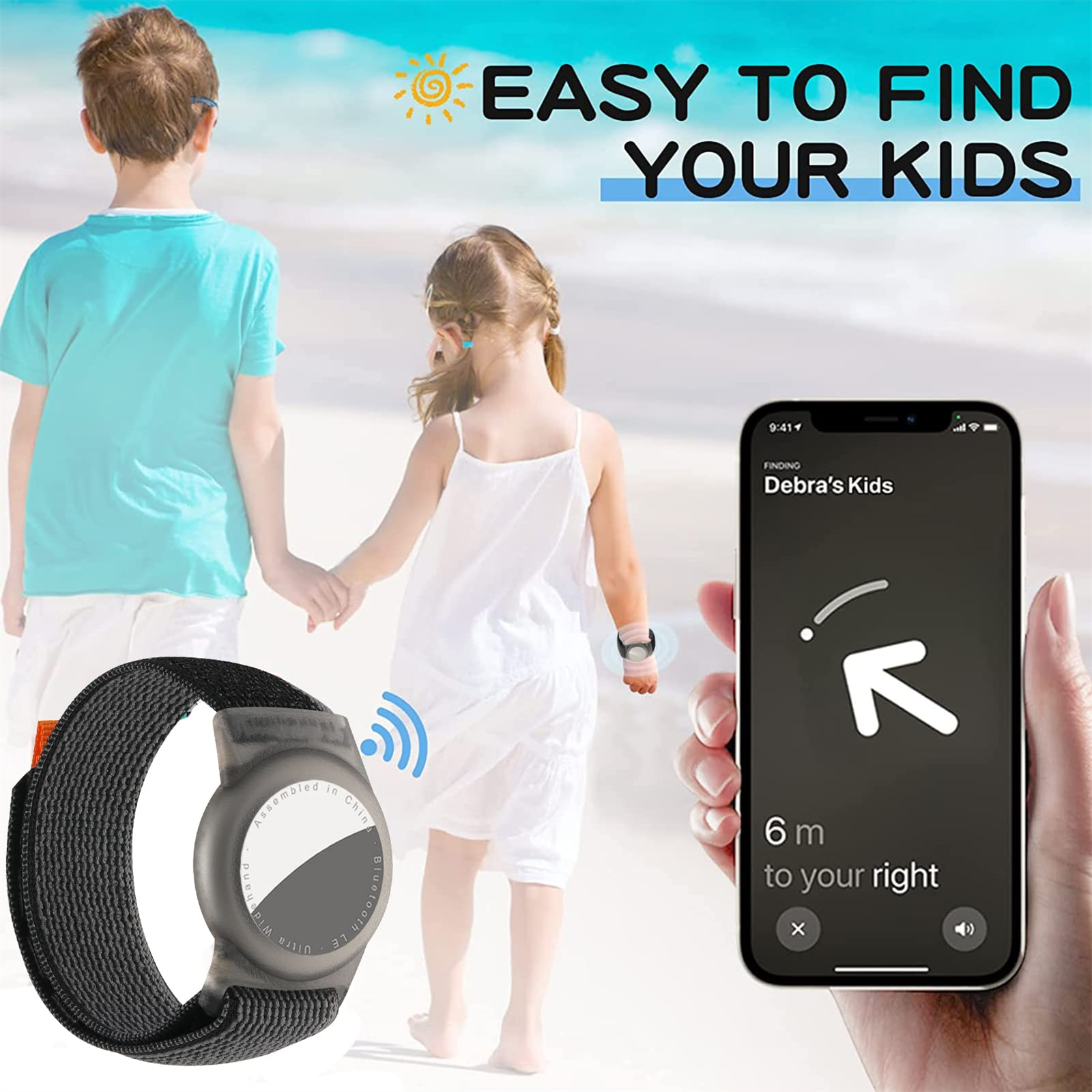 Gerät zur Kinderortung am Handgelenk, verbunden mit einem Telefonbildschirm, der Standort und Wegbeschreibung zeigt.