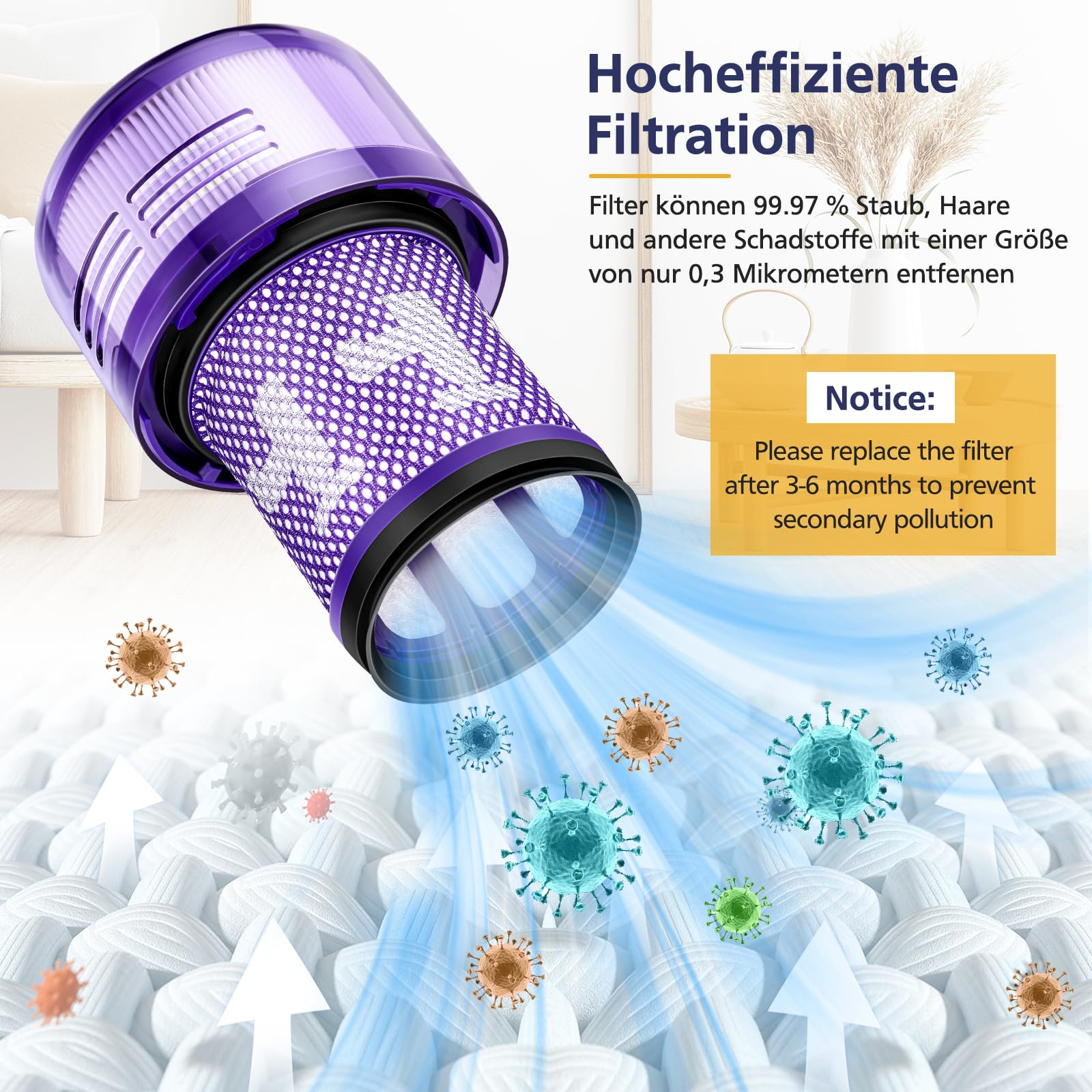 Ein violetter Filter von einem Staubsauger mit dem Text: 'Hocheffiziente Filtration'.