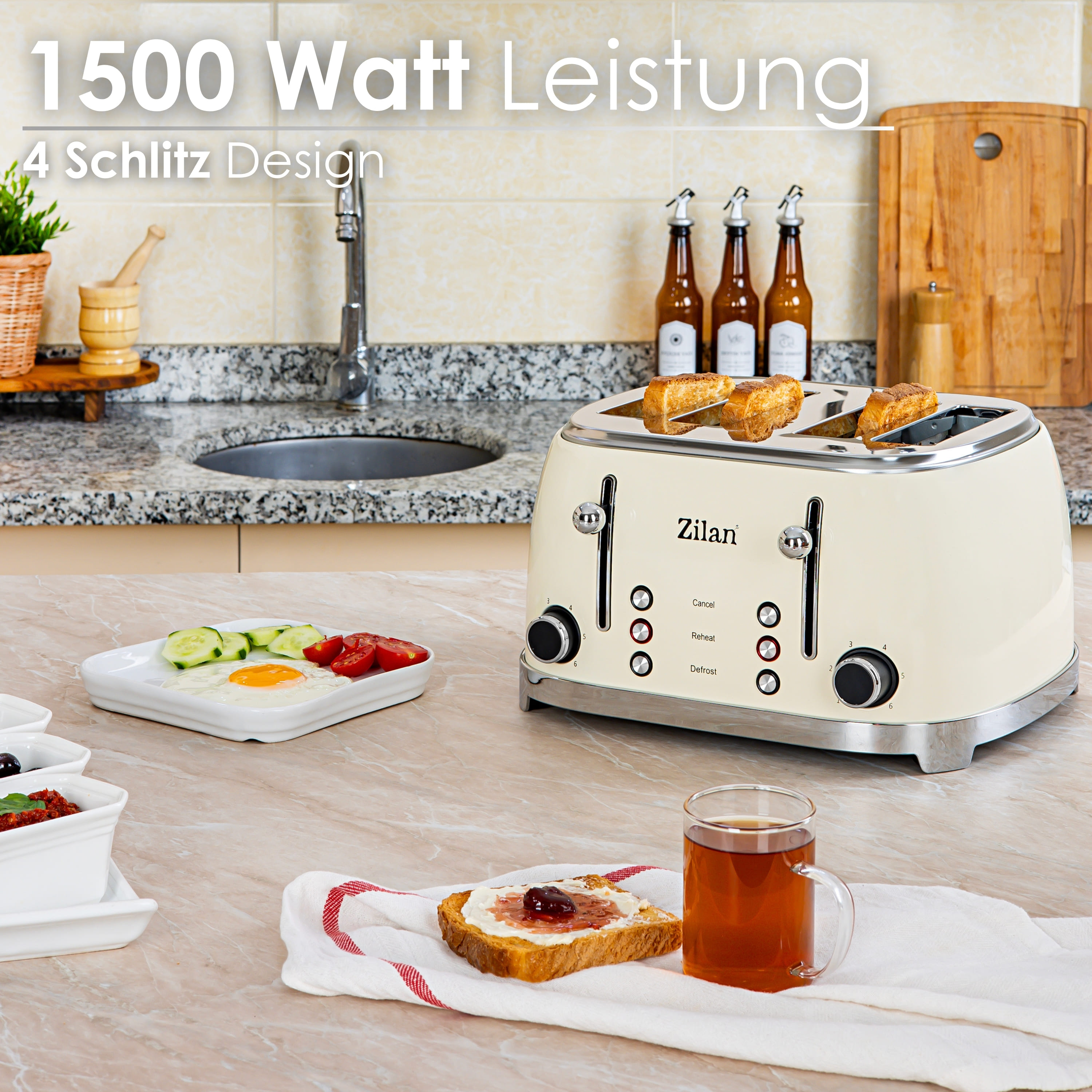 Ein cremefarbener Toaster mit Toast und Lebensmitteln auf einem Tisch.