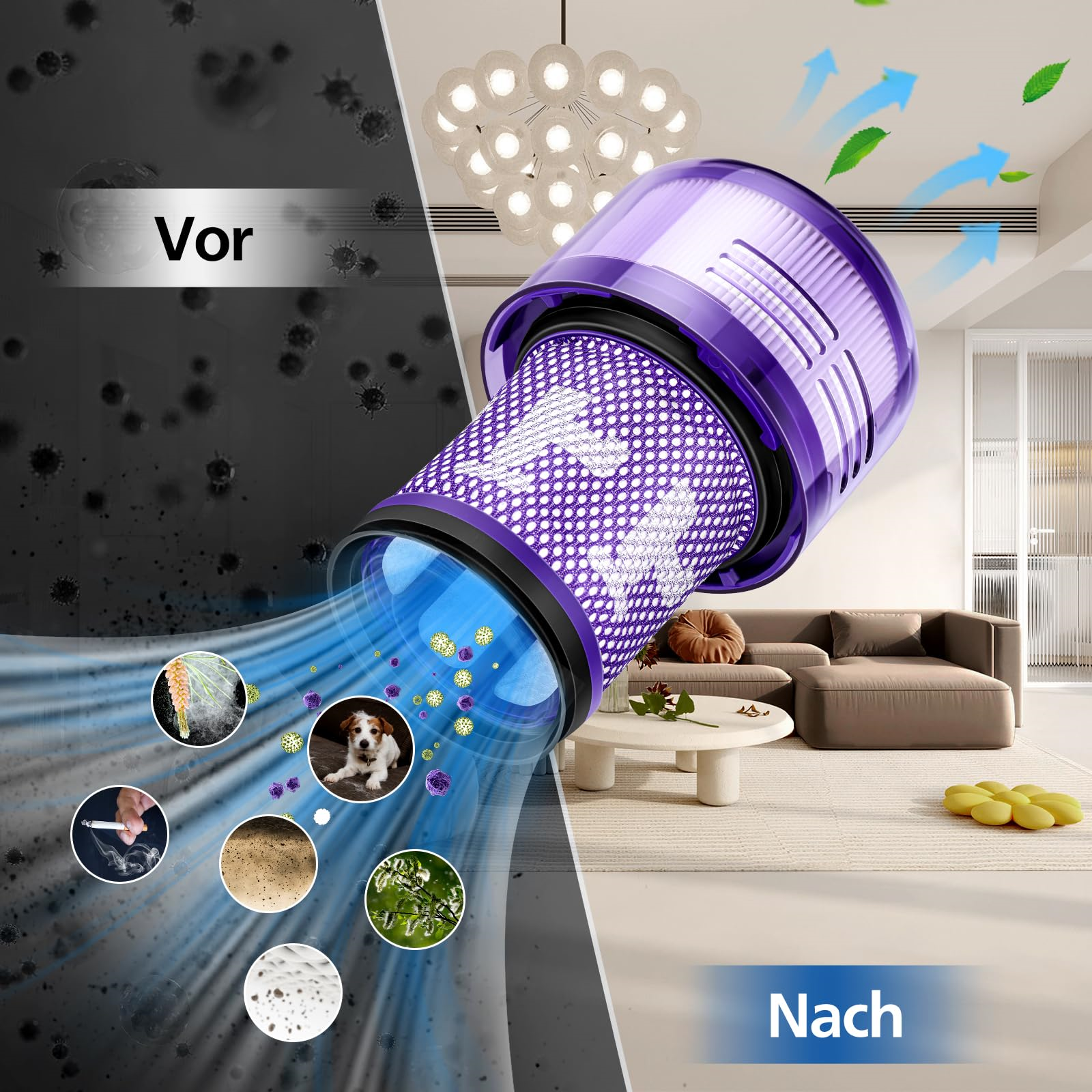 Ein violetter Staubsauger mit Filter, der einen Vergleich von sauberer und schmutziger Luft zeigt.