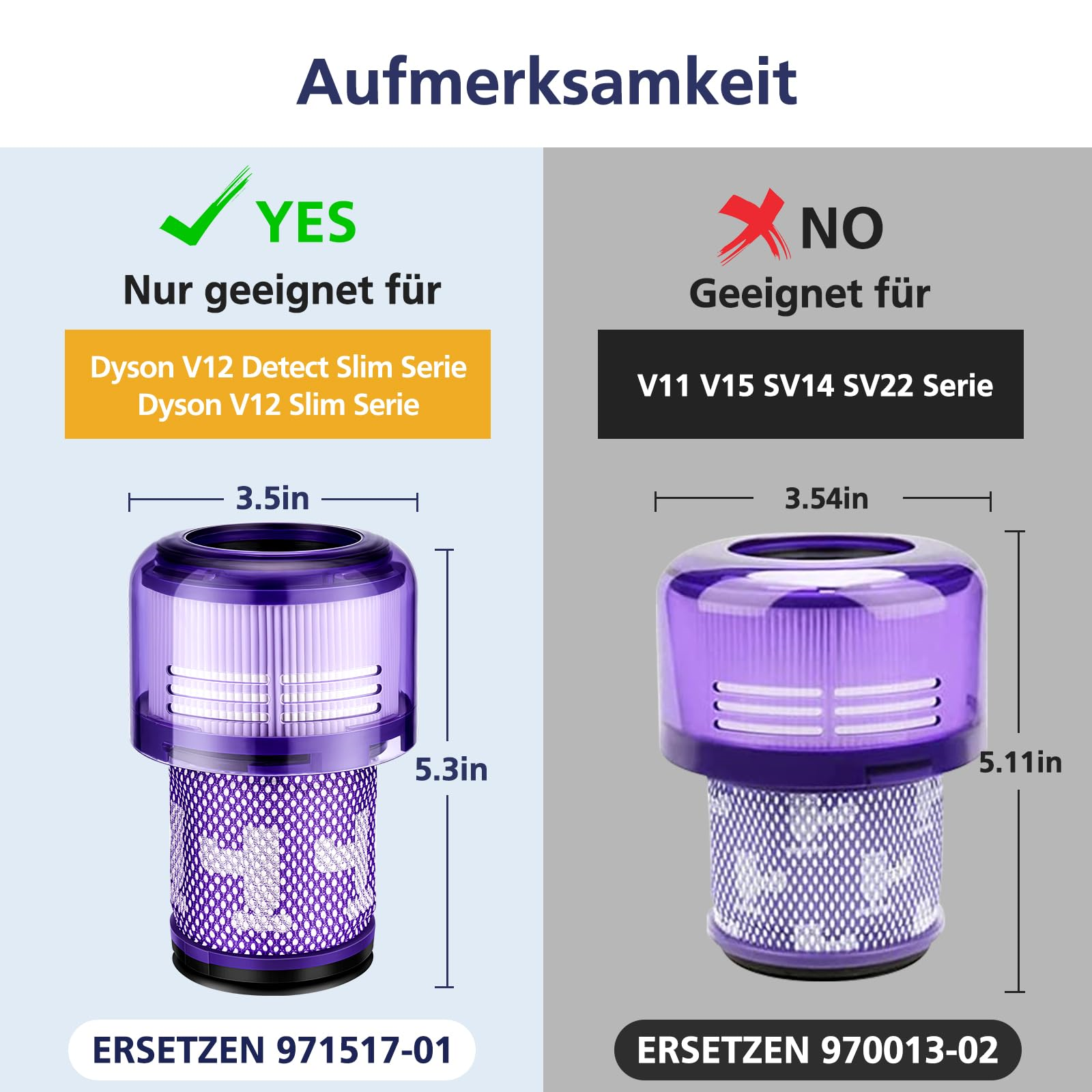 Diagramm zum Vergleich zweier Staubsaugerfilter, einer geeignet, einer nicht, mit Abmessungen.