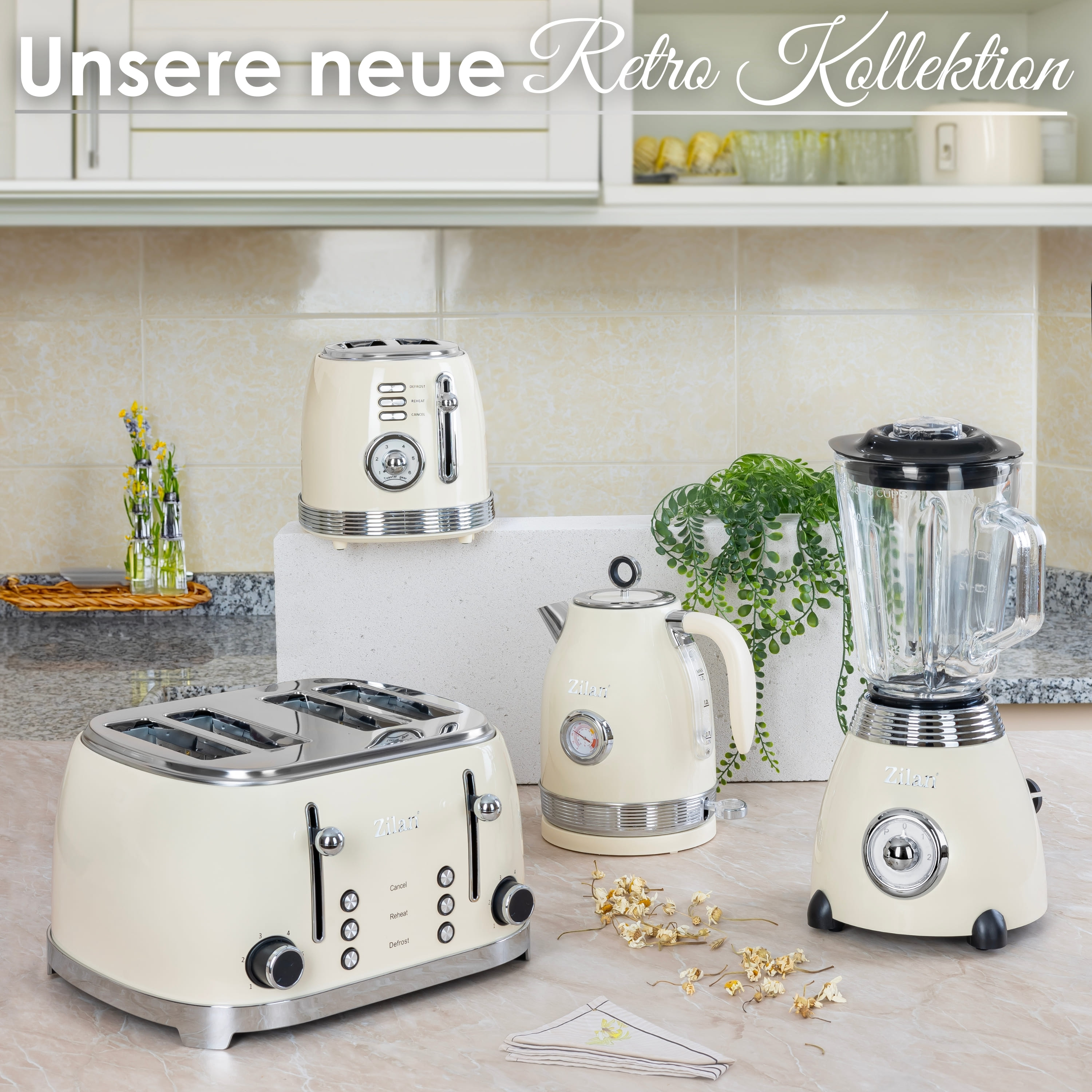 Retro-Küchenszene mit Geräten: Toaster, Wasserkocher, Mixer. Weißes und cremefarbenes Schema.