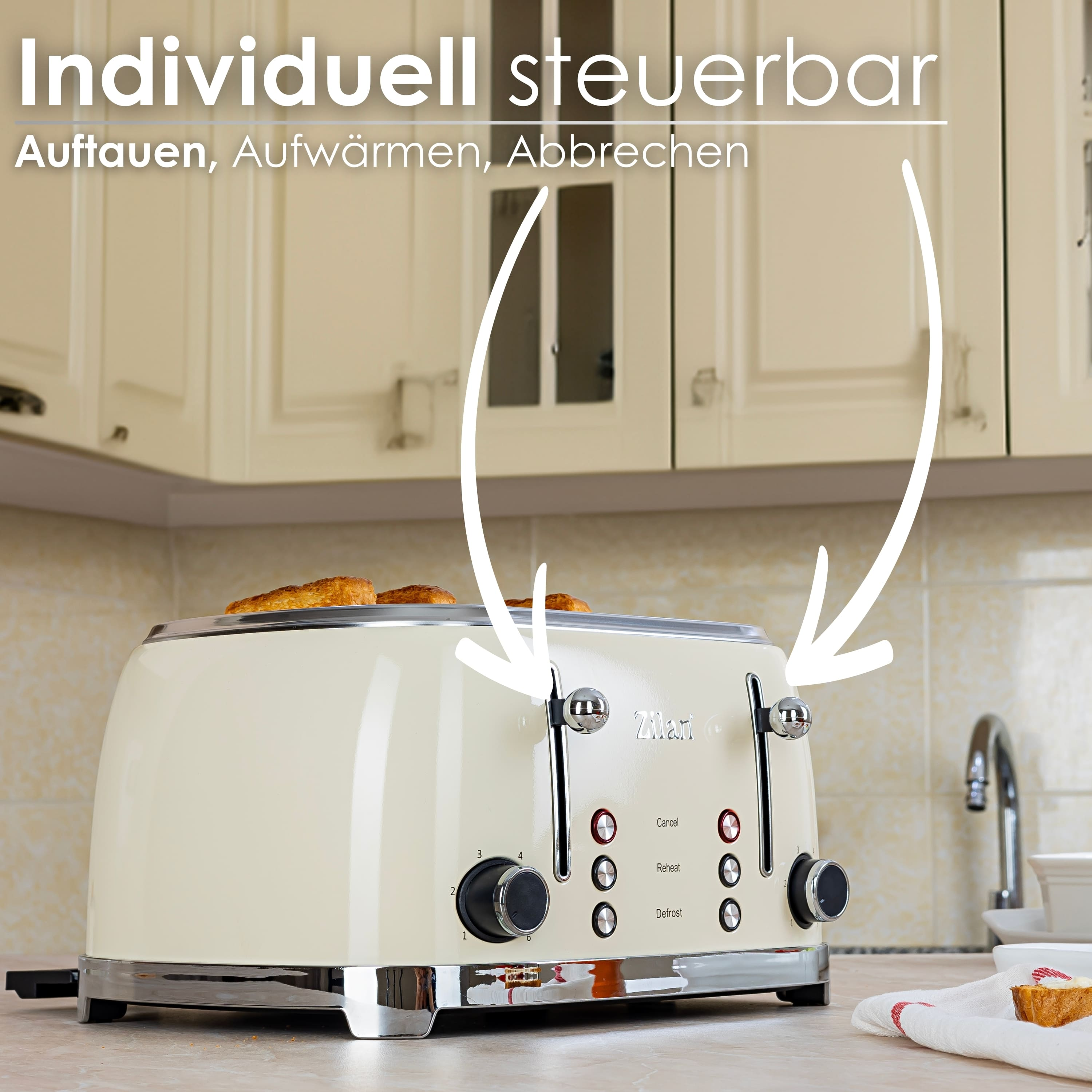 Ein Toaster mit zwei Schlitzen, Bedienknöpfen und einem Krümelfach. Zwei Toastscheiben sind darin.