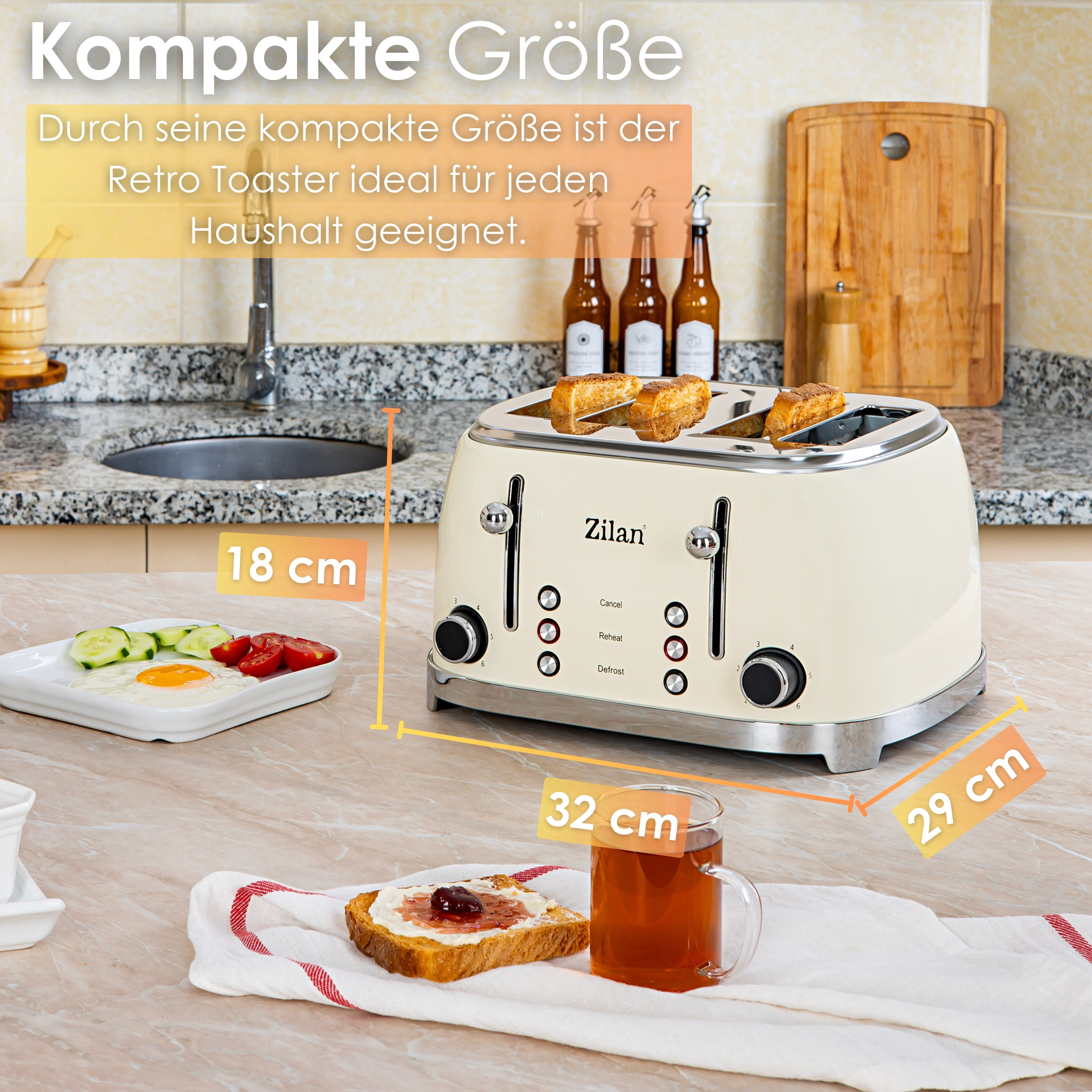 Ein cremefarbener Toaster mit Abmessungen und Toast auf einem Tisch.