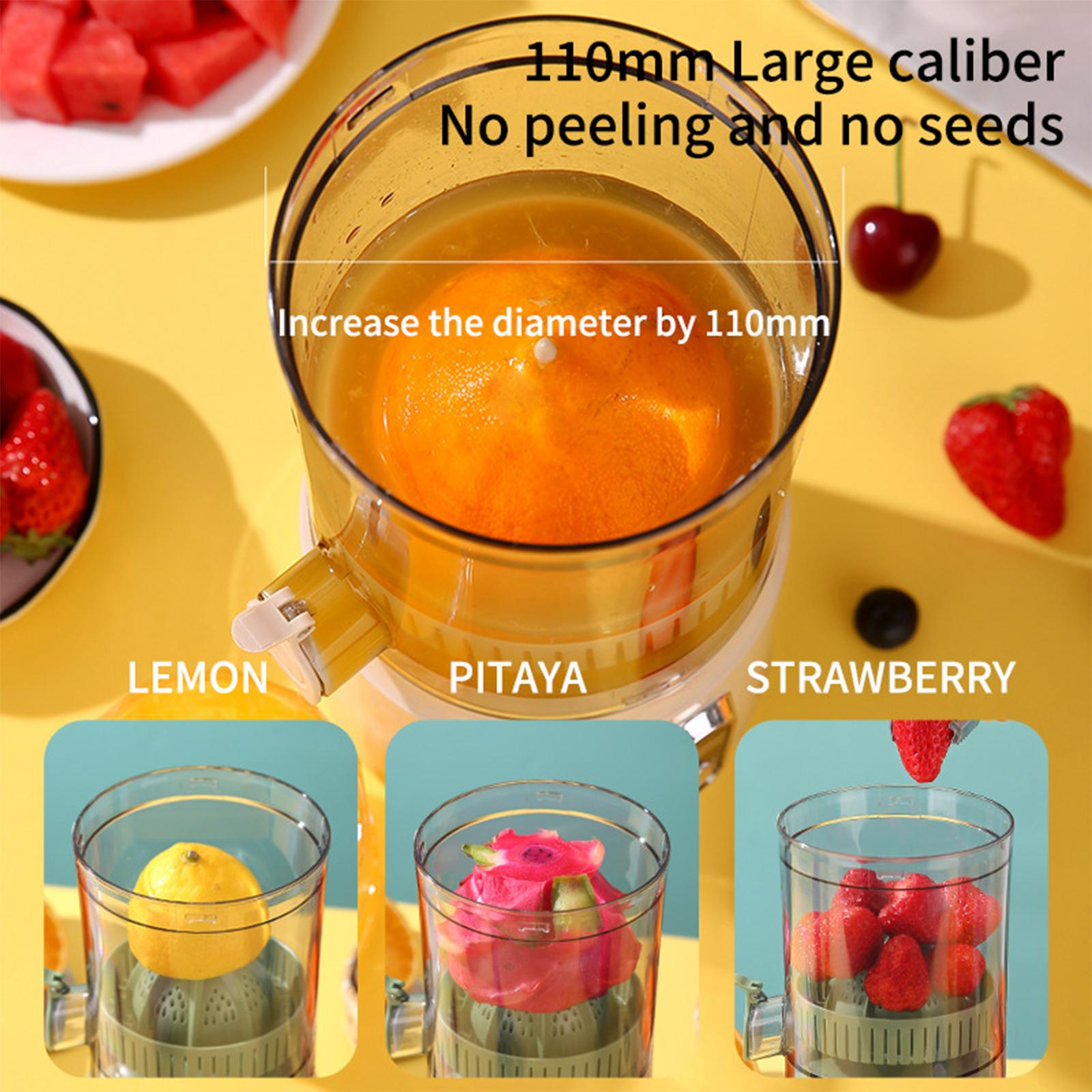 Entsafter mit Orange, Zitrone, Pitaya und Erdbeeren. Text: kein Schälen, keine Kerne.
